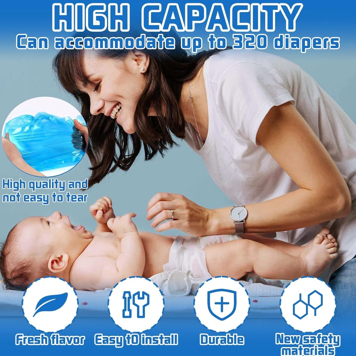 Paquete de 15 Recambio Papelera Pañales, Bolsa Pañales 7 Capas Resistente al Desgarro, Antiolor, Recambios Cubos de Pañales Compatible con Todos Contenedores de Pañales