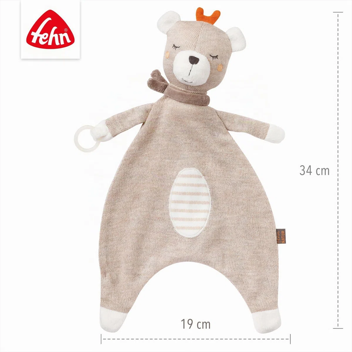Fehn 052053 Schmusetuch Teddy fehnNATUR–Spielkamerad&Stofftier-Schnuffeltuch aus zertifizierter Bio-Baumwolle(KBA) aus nachwachsenden Rohstoffen mit Schnuller-Befestigung für Babys&Kleinkinder, Braun