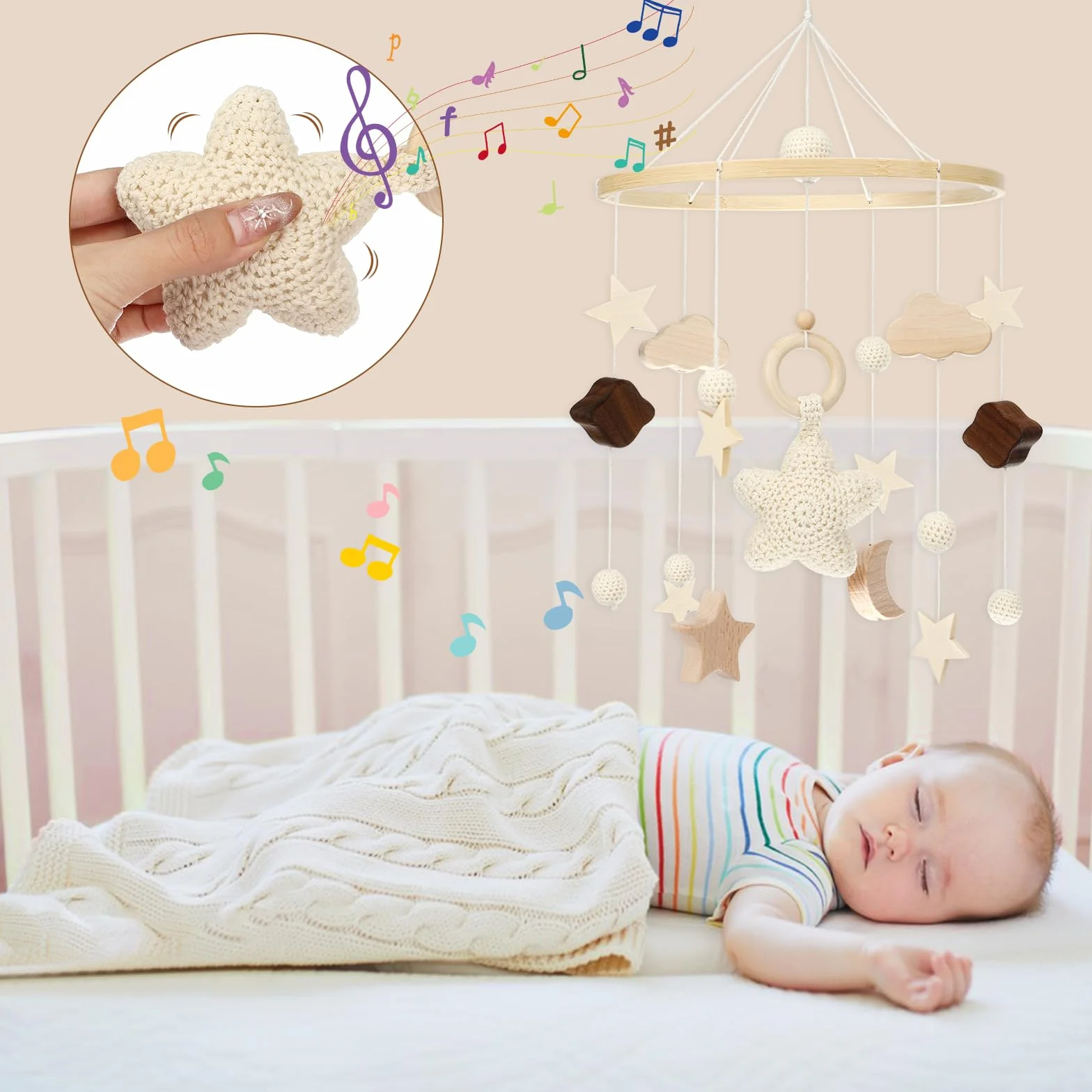 Litimkat cuna móvil para bebé, con adornos colgantes de estrellas, lunas y nubes de ganchillo, móvil para bebé para la cama, carillón de viento para bebé móvil de madera, regalo para bebés o niños(A)