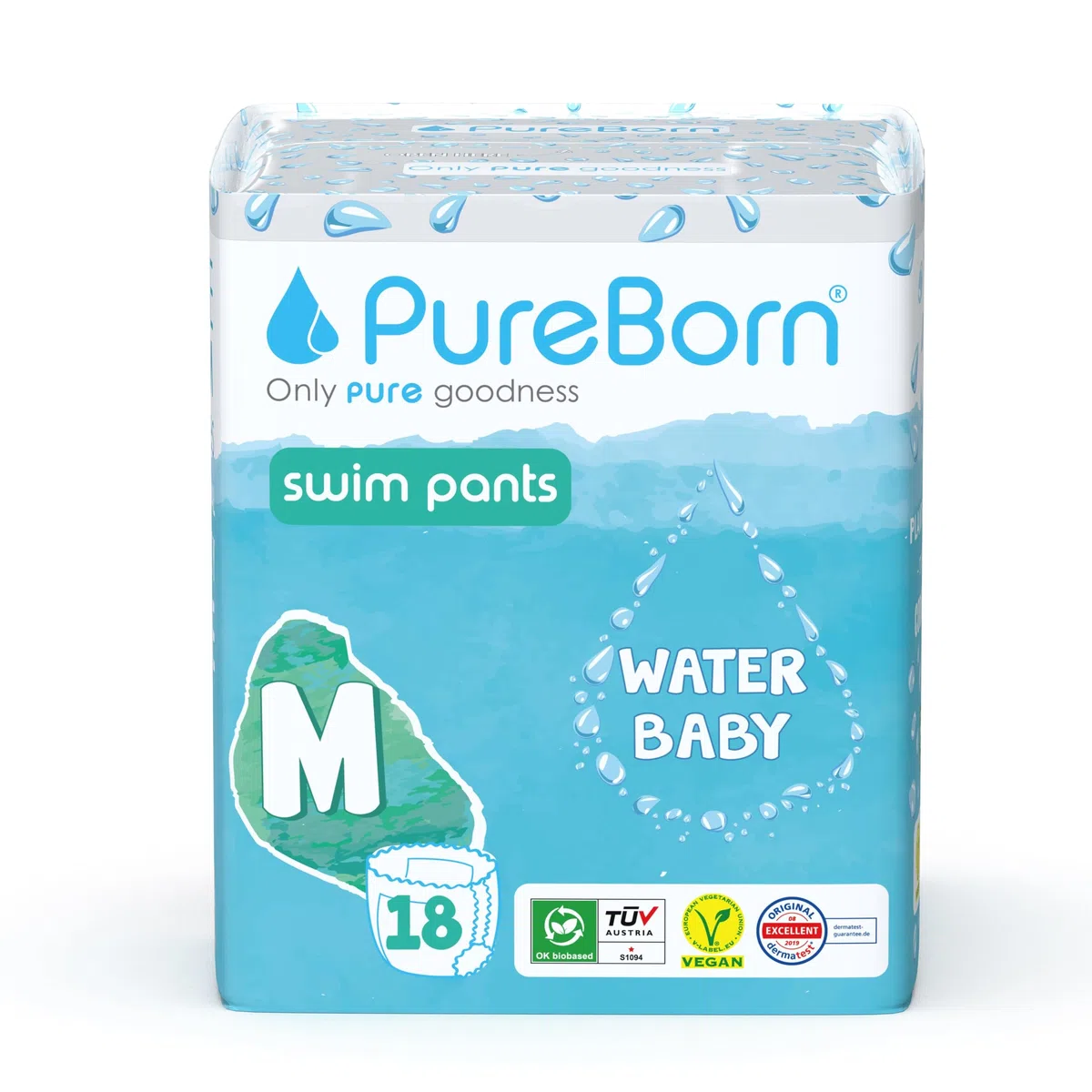 PureBorn Pañal Bañador Desechable, Swim Pants, Talla M (6-11kg), 18 unidades, Diseñados para la Playa y la Piscina, Ultra-Suaves, Elásticos, Sin Fugas, Estampados de Verano
