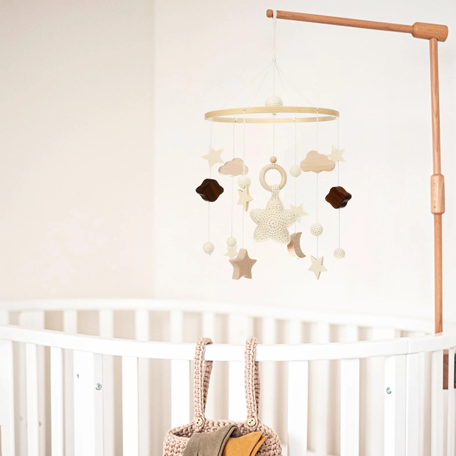 Litimkat cuna móvil para bebé, con adornos colgantes de estrellas, lunas y nubes de ganchillo, móvil para bebé para la cama, carillón de viento para bebé móvil de madera, regalo para bebés o niños(A)