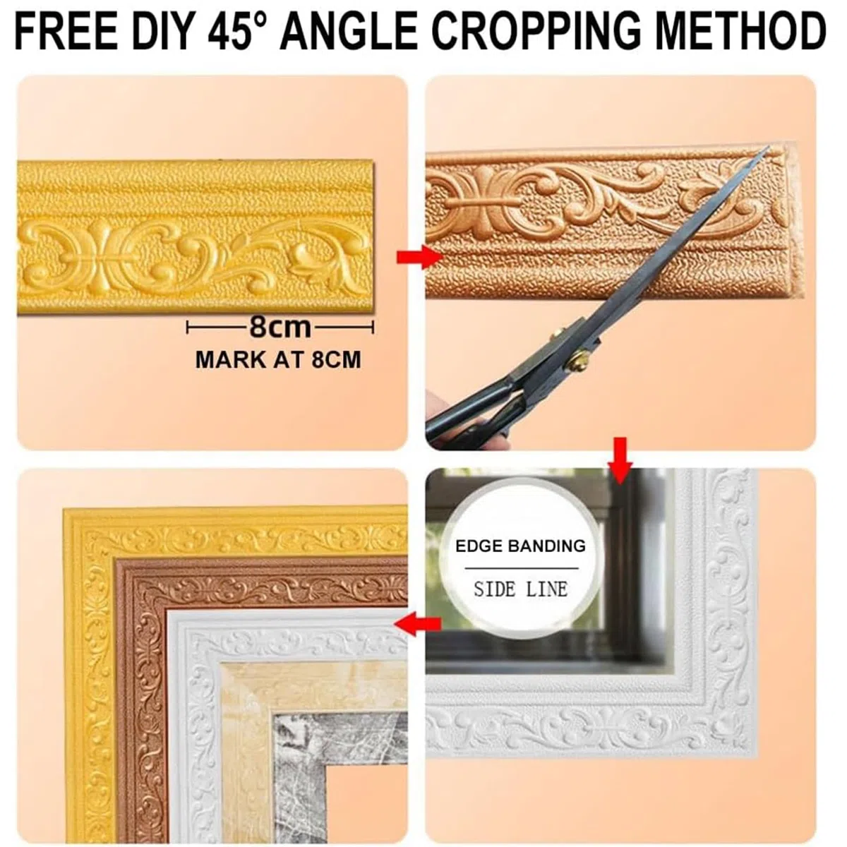 Cenefa autoadhesiva de 10 m x 8 cm x 4 mm, 3D, diseño simétrico, cenefa de pared, anticolisiones, azulejos, borde, rollo para esquinas y líneas (blanco)