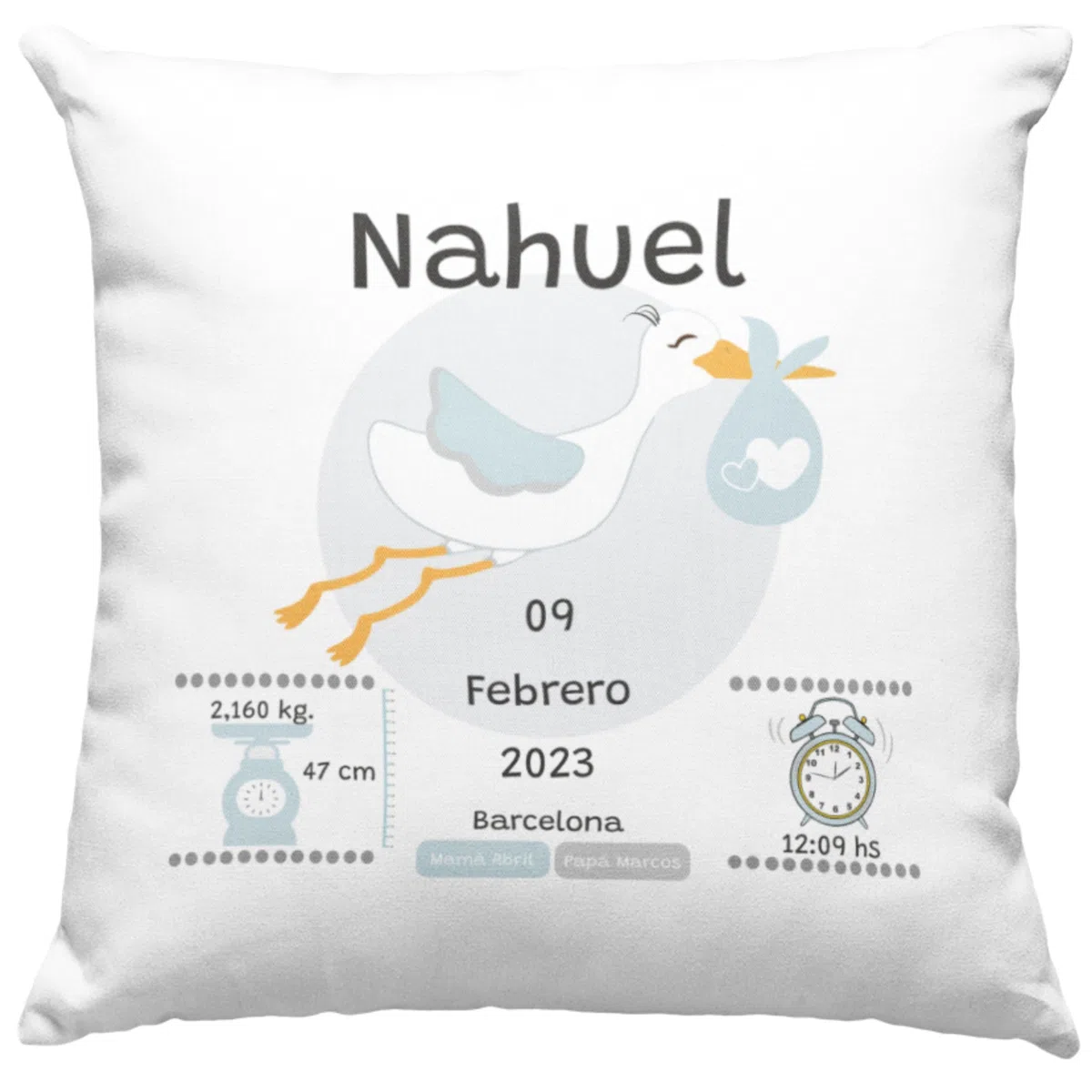 Cojín Personalizado Azul Nacimiento de Bebé con Cigüeña 40x40cm. Personaliza Nombre, Peso, Fecha, Altura, Nombre papás. Disponible para Niño y Niña. Funda Lavable. 100% Polyester