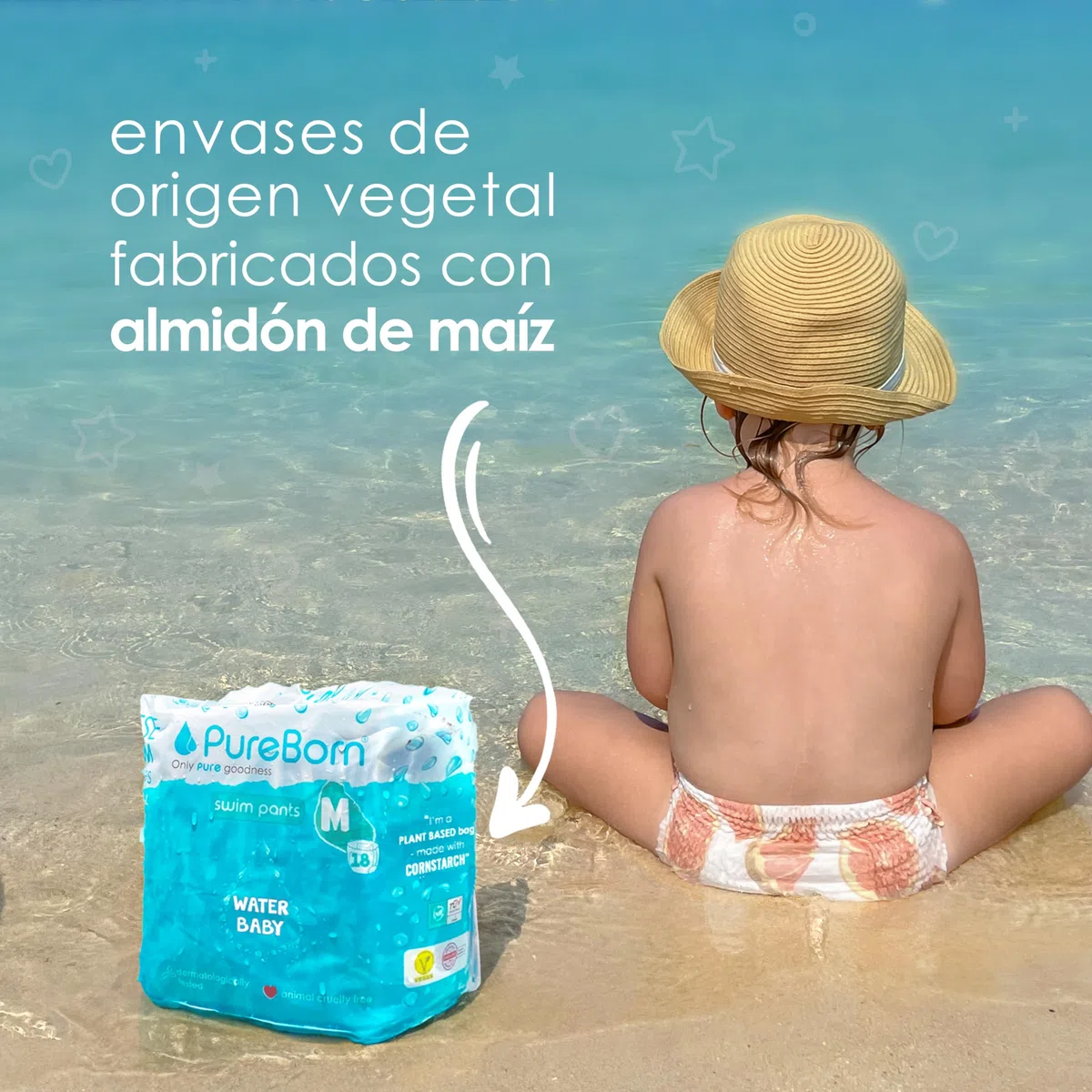 PureBorn Pañal Bañador Desechable, Swim Pants, Talla M (6-11kg), 18 unidades, Diseñados para la Playa y la Piscina, Ultra-Suaves, Elásticos, Sin Fugas, Estampados de Verano