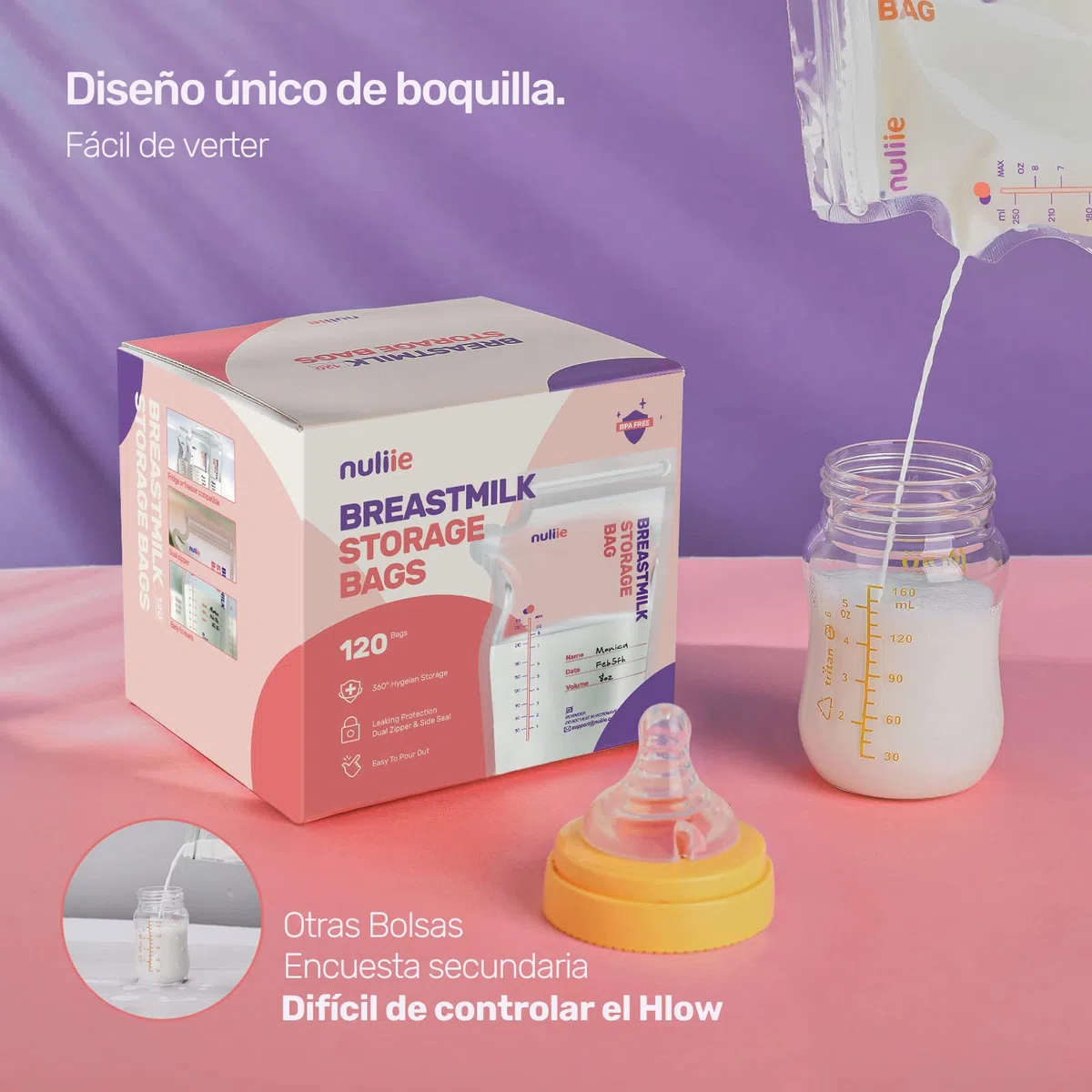 Nuliie 120 Uds Bolsas Almacenamiento de Leche Pre-esterilizadas, 250ml Bolsa Para Leche Materna con Boquilla Dispensadora, Libre de BPA, Bolsa Auto-Portante, Ahorro de Espacio