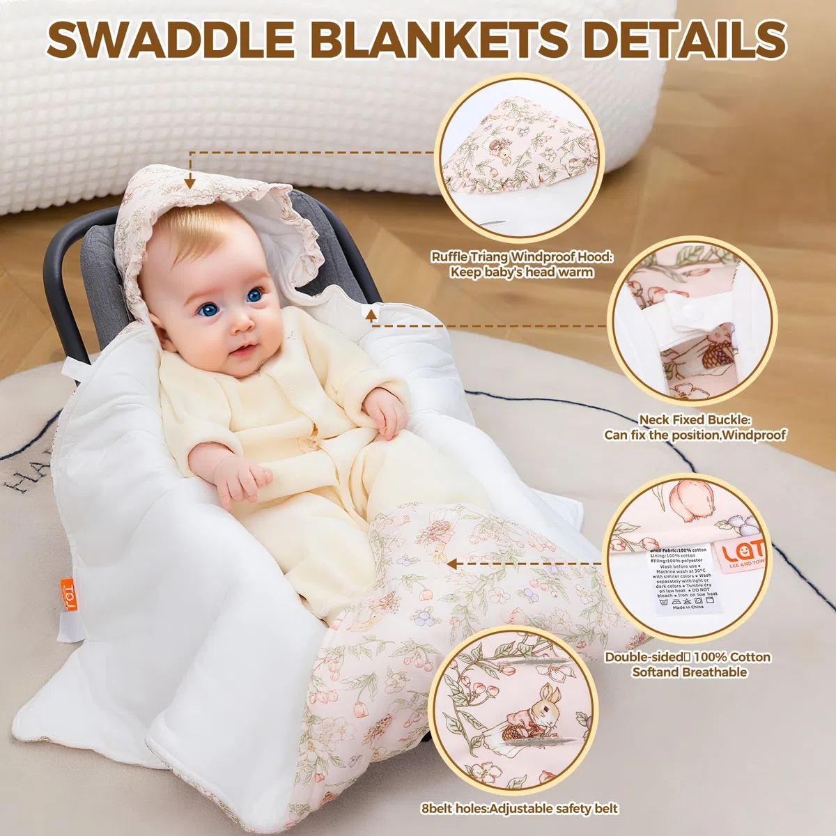 LAT Manta Envolvente Bebe Invierno, 90x90cm Universal Manta Porteo Saco para Silla de Coche, Algodón Universal Saco Capazo Bebe Invierno para Cochecitos Sillas de Paseo Asiento de Coche