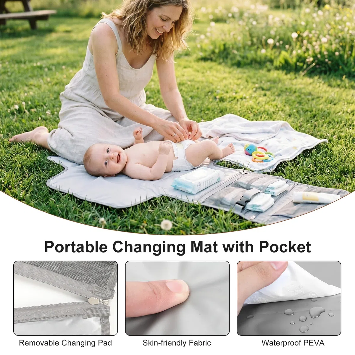 VINATO Cambiador Bebé Portátil, Cambiador Bebe Plegablee con Bolsillo Toallitas Húmedas, 70 x 56 cm, con 5 Bolsillos, Diseño Desmontable, Impermeable y Lavable para Viajes (Gris)