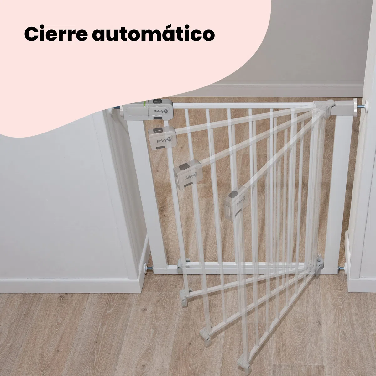 Safety 1st Auto Close, Barrera Seguridad Niños Escalera a Presión, 73–80cm (máx. 136cm), Valla Seguridad Infantil Automática, Apertura Una Mano, Sin Tornillos (Sin Taladros), Doble Bloqueo, Blanca