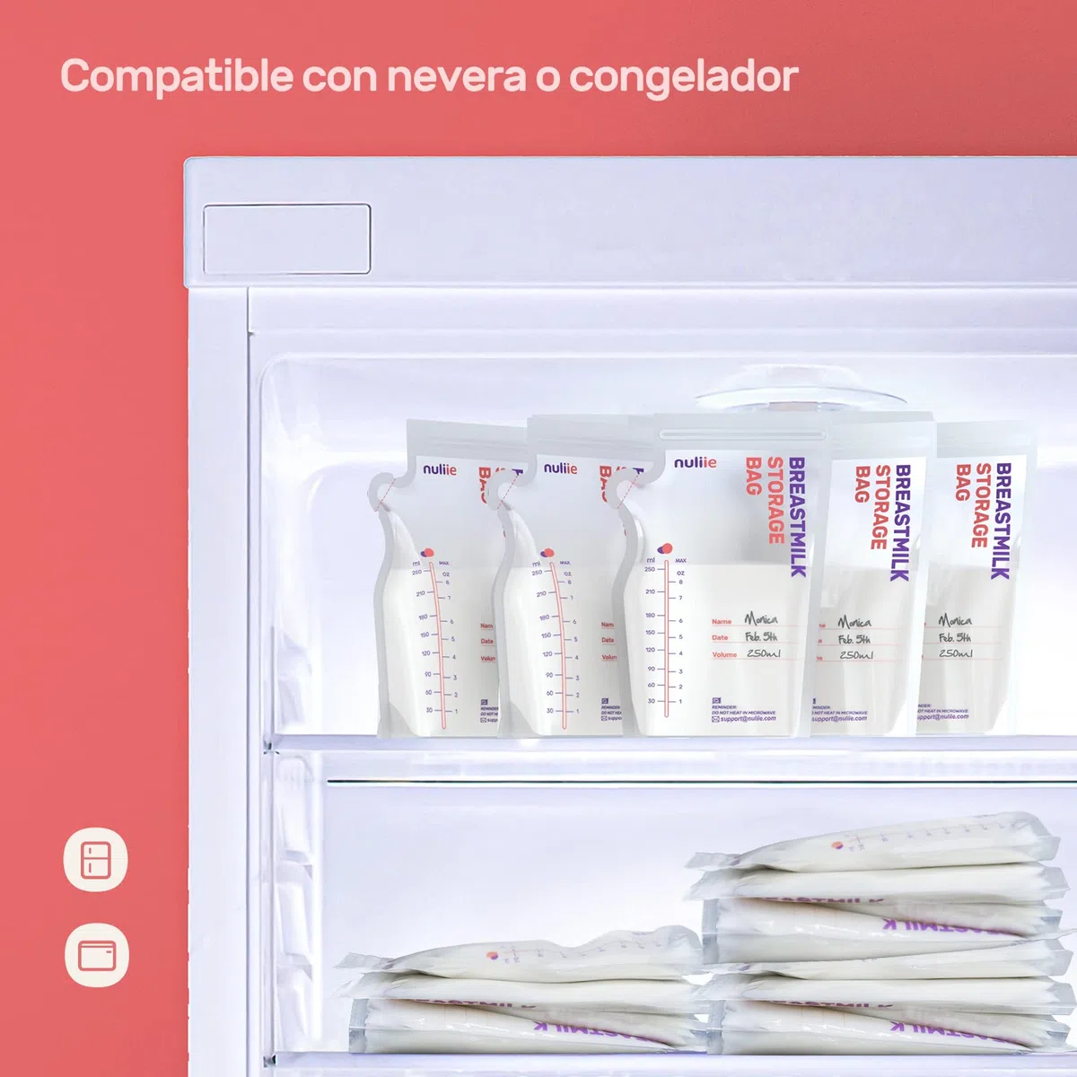 Nuliie 120 Uds Bolsas Almacenamiento de Leche Pre-esterilizadas, 250ml Bolsa Para Leche Materna con Boquilla Dispensadora, Libre de BPA, Bolsa Auto-Portante, Ahorro de Espacio