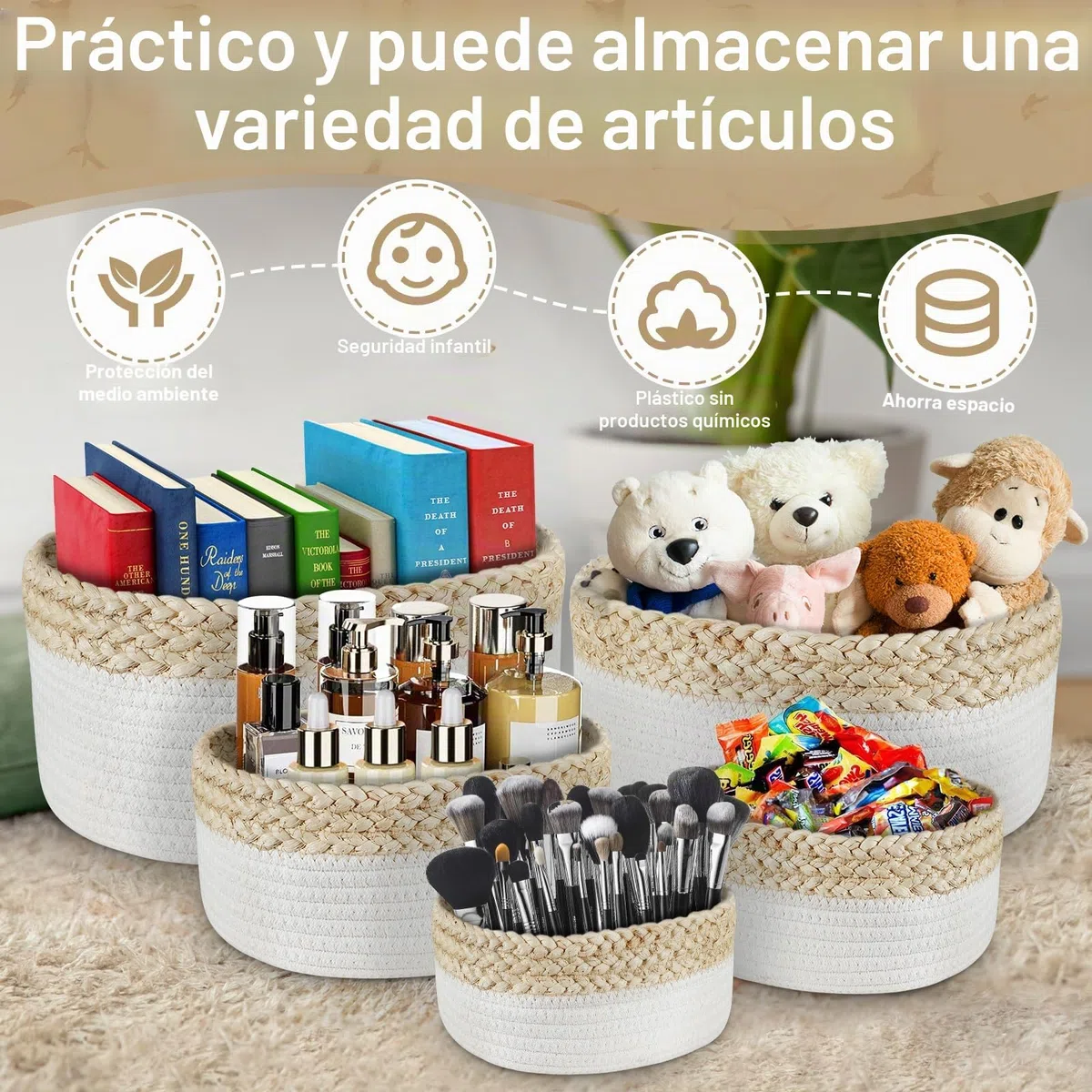 ENCOUN 5PCS Cestas Almacenaje de Cuerda de Algodón, Cesta Organizadora Bebe, Cestas Almacenaje Baño, Apilable Cestos Organizadores, Juego Cestas Organizadoras para Baño, Armarios, Salones, Juguetes