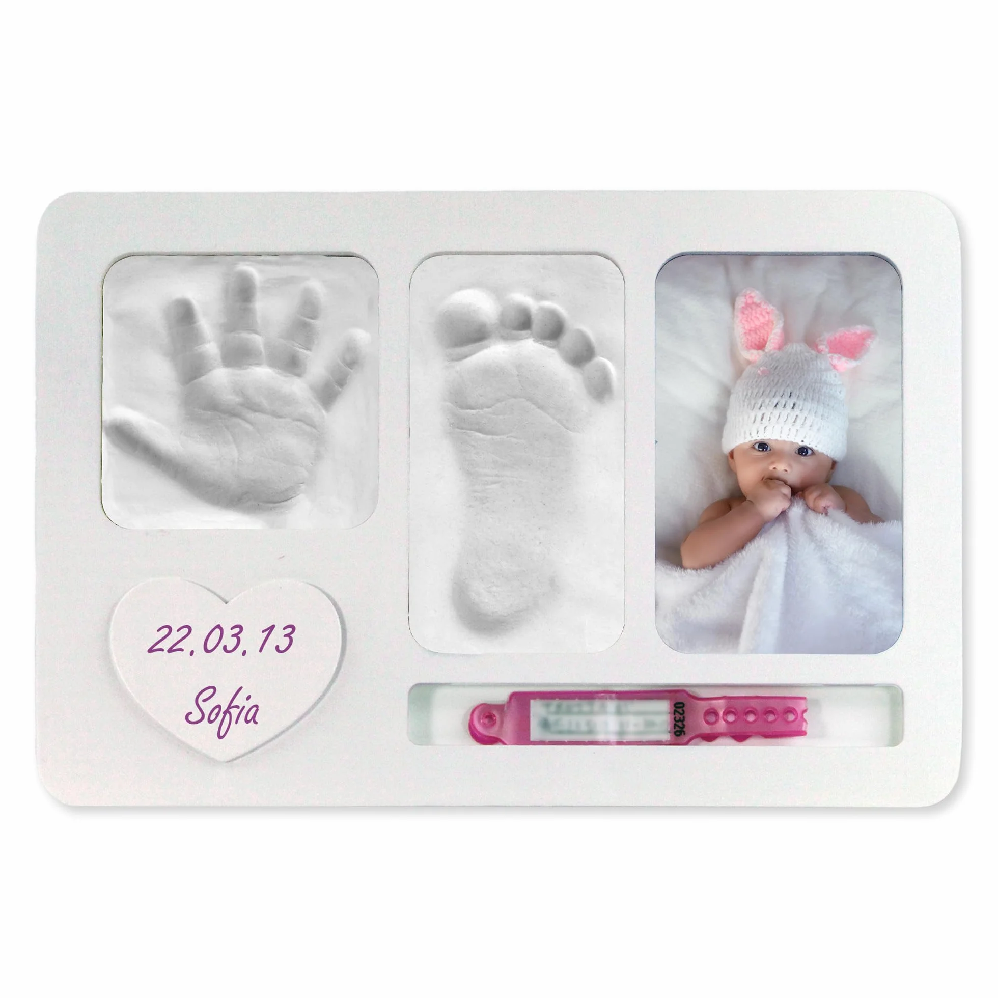 Marco de huella de recién nacido, mano y huella para nacidos, ideas de regalo bautismo de bebé y niña, kit de huella para cumpleaños, marco de fotos personalizable con slot para pulsera de nacimiento