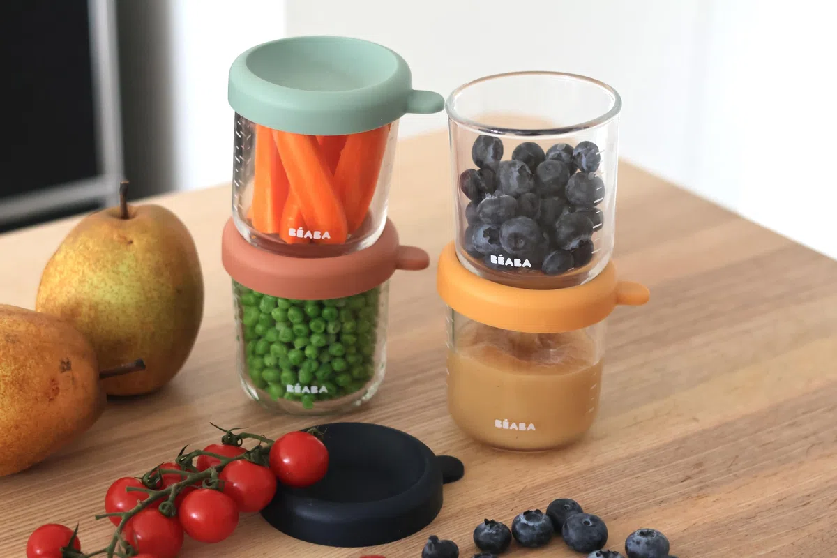 BÉABA, Lote de 4 Tarros de Conservación para Bebé, Porciones en Cristal, Resistente al calor, Recipientes para guardar la comida de Bebé, Con indicador de cantidad, 250 ml, Sunrise