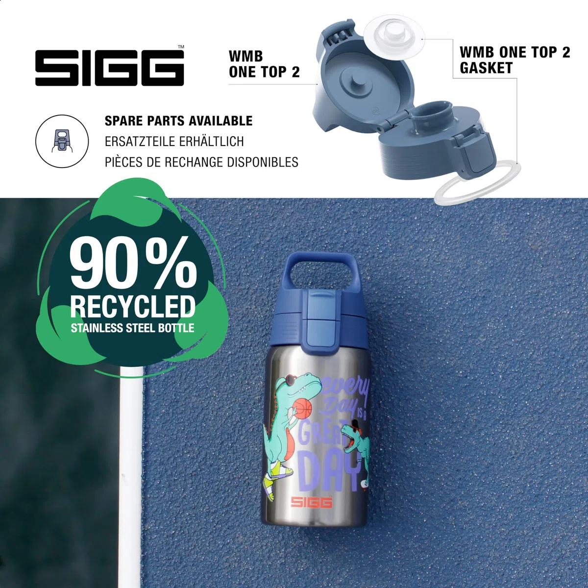 Sigg - Stainless Steel Kids Water Bottle - Shield Great Day - Suitable for Carbonated Beverages - Leakproof - Lightweight - BPA Free - Brushed with Dino - 0.5L
