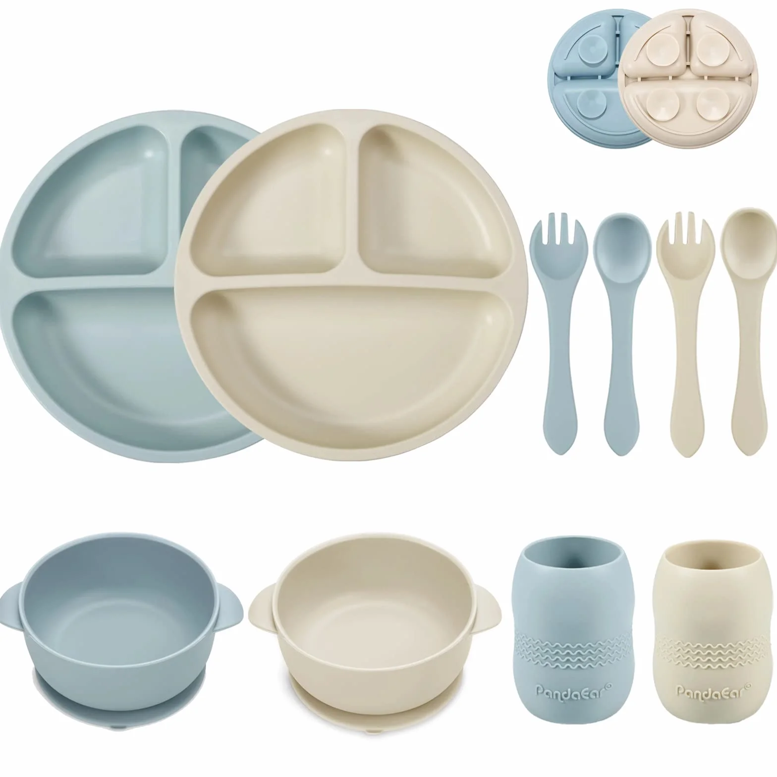PandaEar Juego de Alimentación para Bebés de Silicona | 2 Platos con División y Succión + 2 Cuencos con Succión + 2 Tazas Pequeñas + 2 Cucharas + 2 Tenedores | Suministros para Bebés (Azul Blanco)