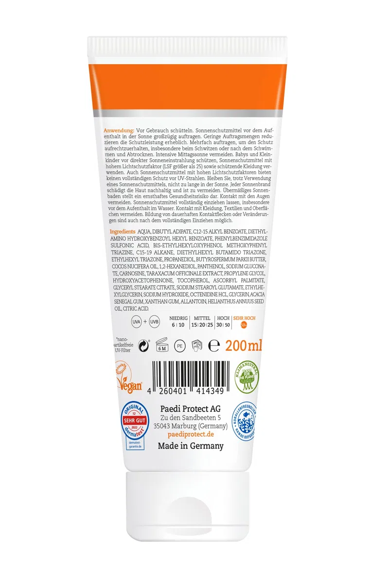 PAEDIPROTECT Family Protector solar SPF 50+ 200 ml, protección solar respetuosa con los corales para bebés, niños y adultos, sin perfume ni microplásticos, vegana