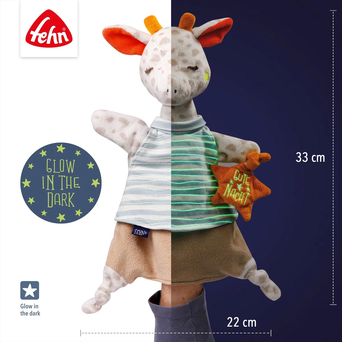 Fehn 053098 - Marioneta de tela, jirafa de peluche con bordado que brilla en la oscuridad, para bebés a partir de 0 meses, tamaño: 30 cm