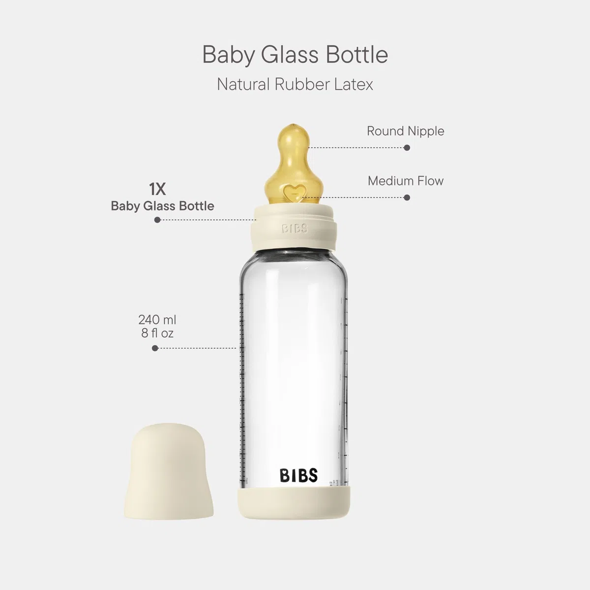 BIBS Baby Glass Bottle. Anticólicos. Tetina redonda de látex de caucho natural. Favorece la lactancia natural, 240ml, Complete Set - Ivory