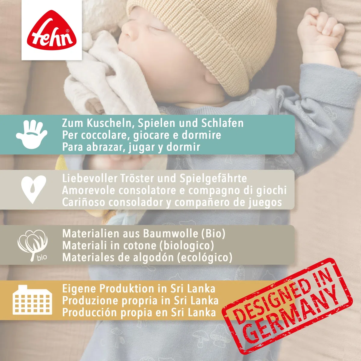Fehn 052053 Schmusetuch Teddy fehnNATUR–Spielkamerad&Stofftier-Schnuffeltuch aus zertifizierter Bio-Baumwolle(KBA) aus nachwachsenden Rohstoffen mit Schnuller-Befestigung für Babys&Kleinkinder, Braun