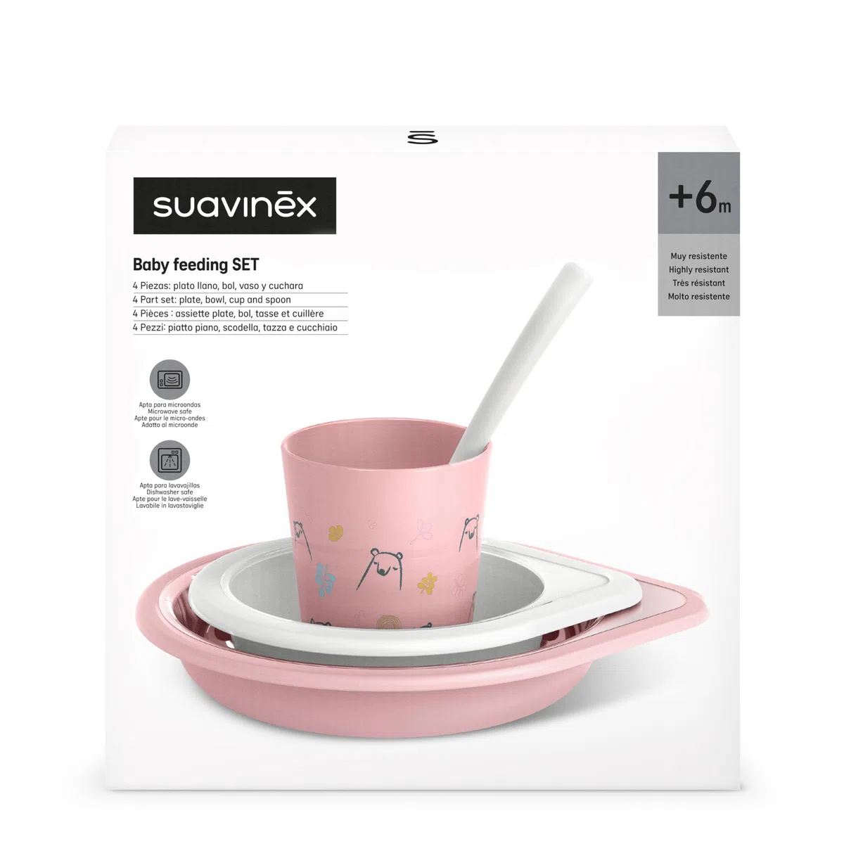 Suavinex, Vajilla para Bebés, Set de Platos de Aprendizaje, +6 Meses, Vajilla Infantil Apta Para Lavavajillas y Microondas. Incluye: Vaso + Plato Llano + Bol + Cuchara. Bears Rosa
