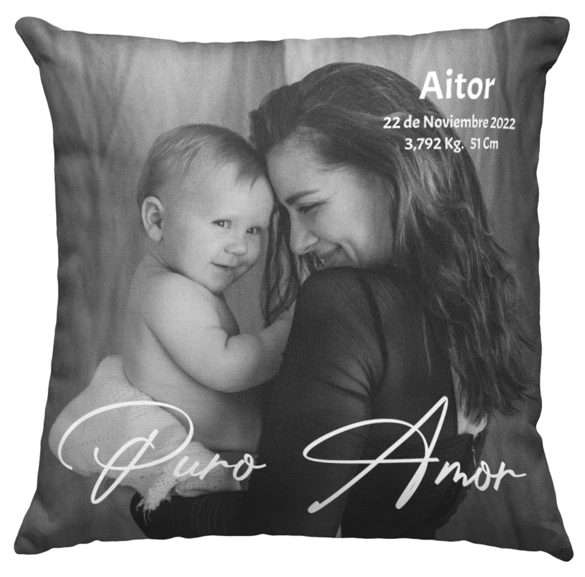 Cojín Nacimiento Personalizado Puro Amor Frente y Dorso con Foto del bebé y Datos. NIÑAS-NIÑOS, Regalo Original – Cojín Natalicio para recién Nacidos – Bautizo - Regalo Original.