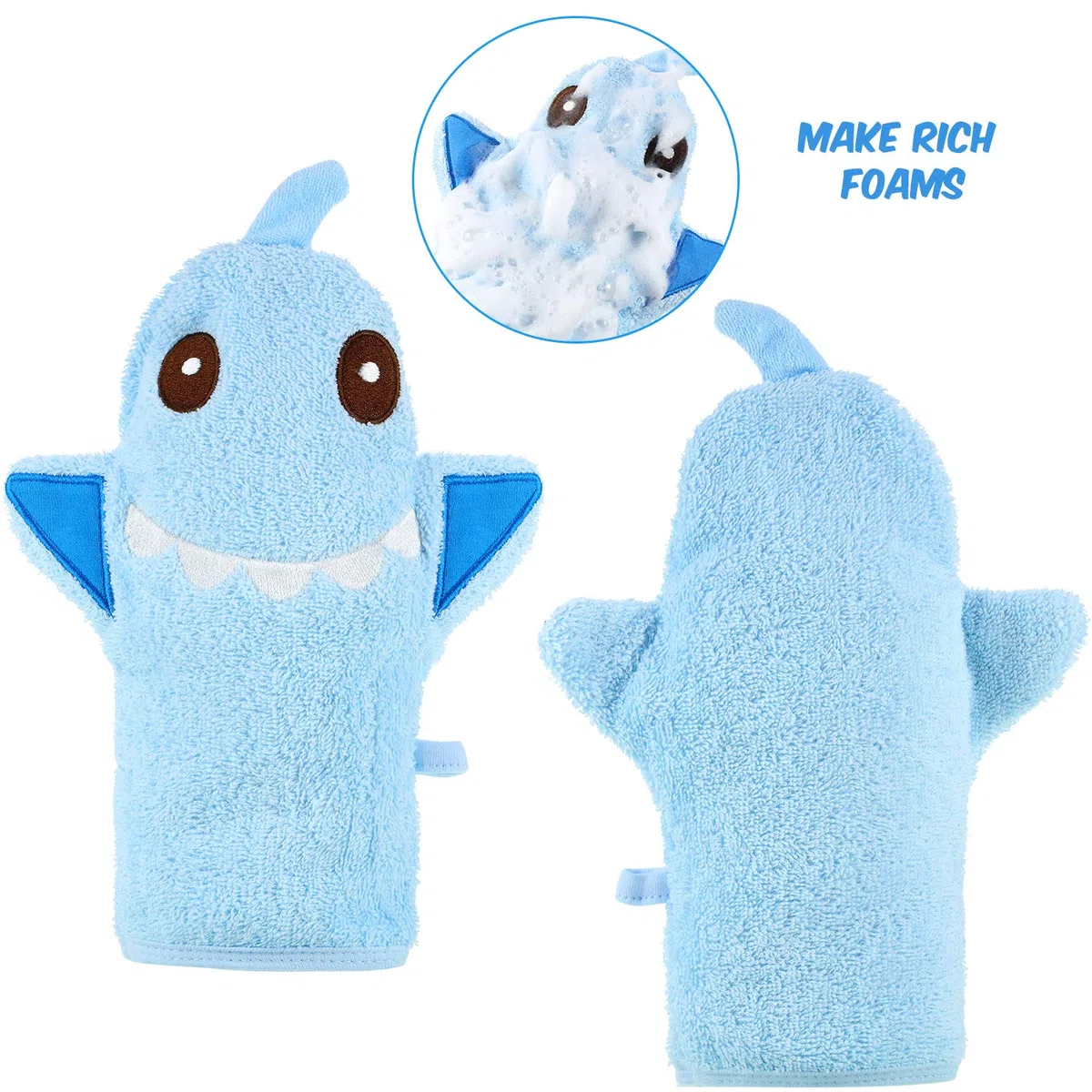 Shappy 4 Piezas Guantes de Baño de Bebé Guantes de Paño Diseñado en Bonito Estilo Animal Lindo Toalla de Algodón Exfoliante Suave de Oveja Panda Tiburón Pato Amarillo para Bebé Niños Baño y Ducha
