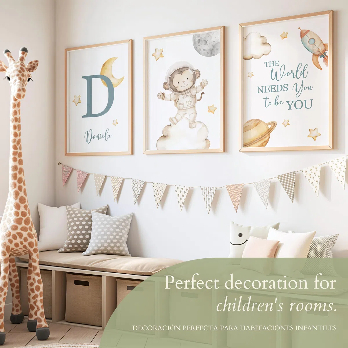 ayurvana: Set 3 Láminas Personalizadas con Nombre - Decoración Infantil | Cuadros estilo nórdico, láminas A3 personalizadas. Se envían SIN MARCO. Regalo ideal para nacimiento o baby shower original.
