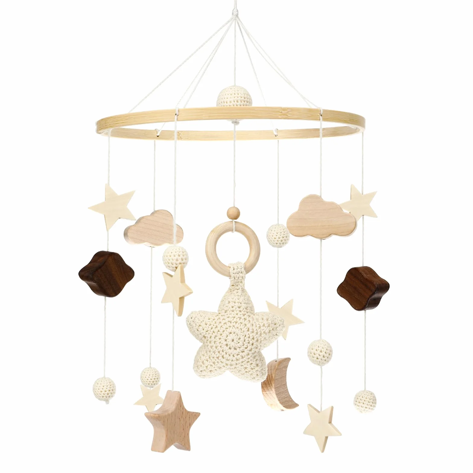 Litimkat cuna móvil para bebé, con adornos colgantes de estrellas, lunas y nubes de ganchillo, móvil para bebé para la cama, carillón de viento para bebé móvil de madera, regalo para bebés o niños(A)