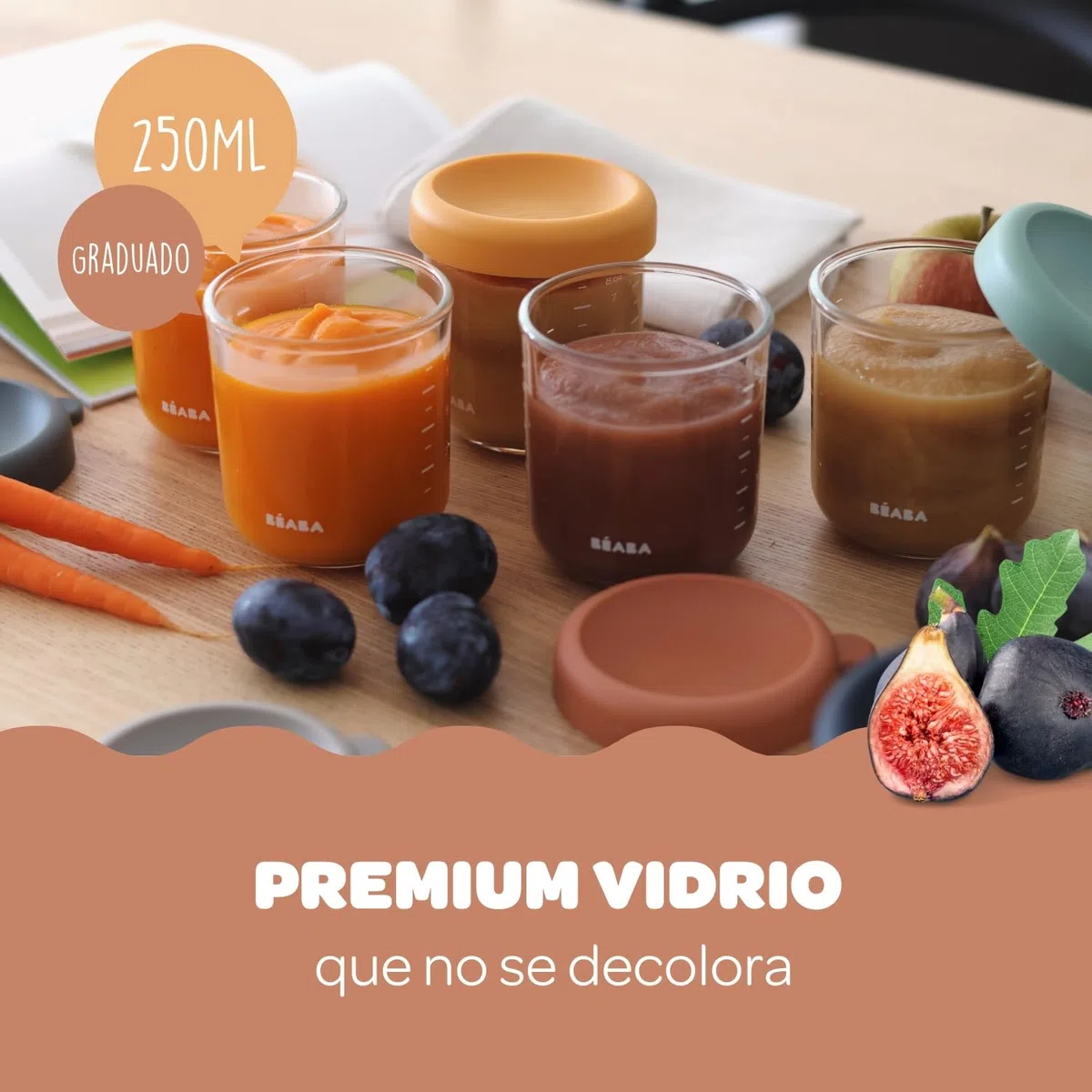 BÉABA, Lote de 4 Tarros de Conservación para Bebé, Porciones en Cristal, Resistente al calor, Recipientes para guardar la comida de Bebé, Con indicador de cantidad, 250 ml, Sunrise