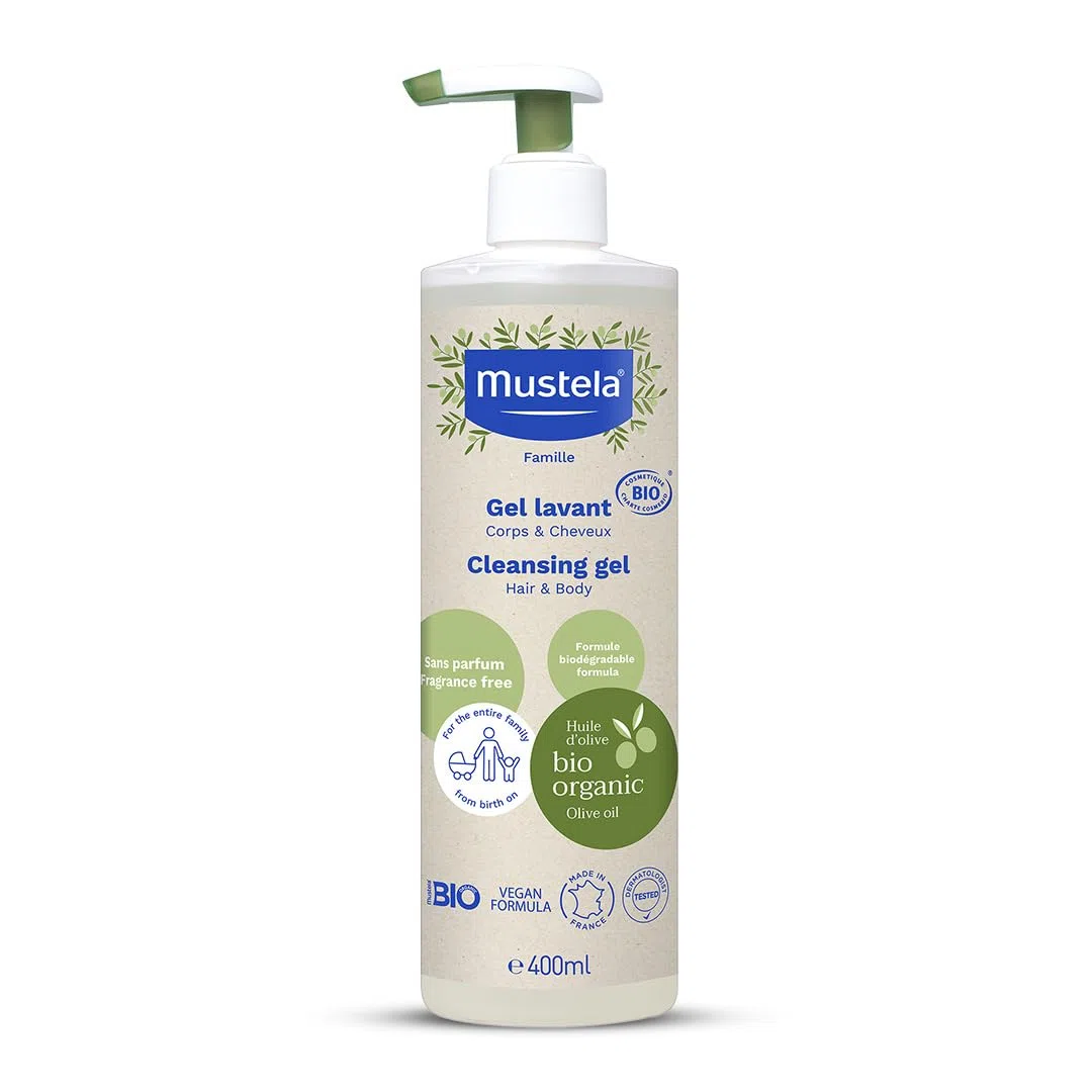 Mustela Gel Limpiador Bio Vegano con Aceite de Oliva, Aloe Vera y Glicerina, Cuerpo y Cabello, Bebé, Toda la Familia - Limpia suavemente sin resecar, 99% Ingredientes de Origen Natural (400ml)