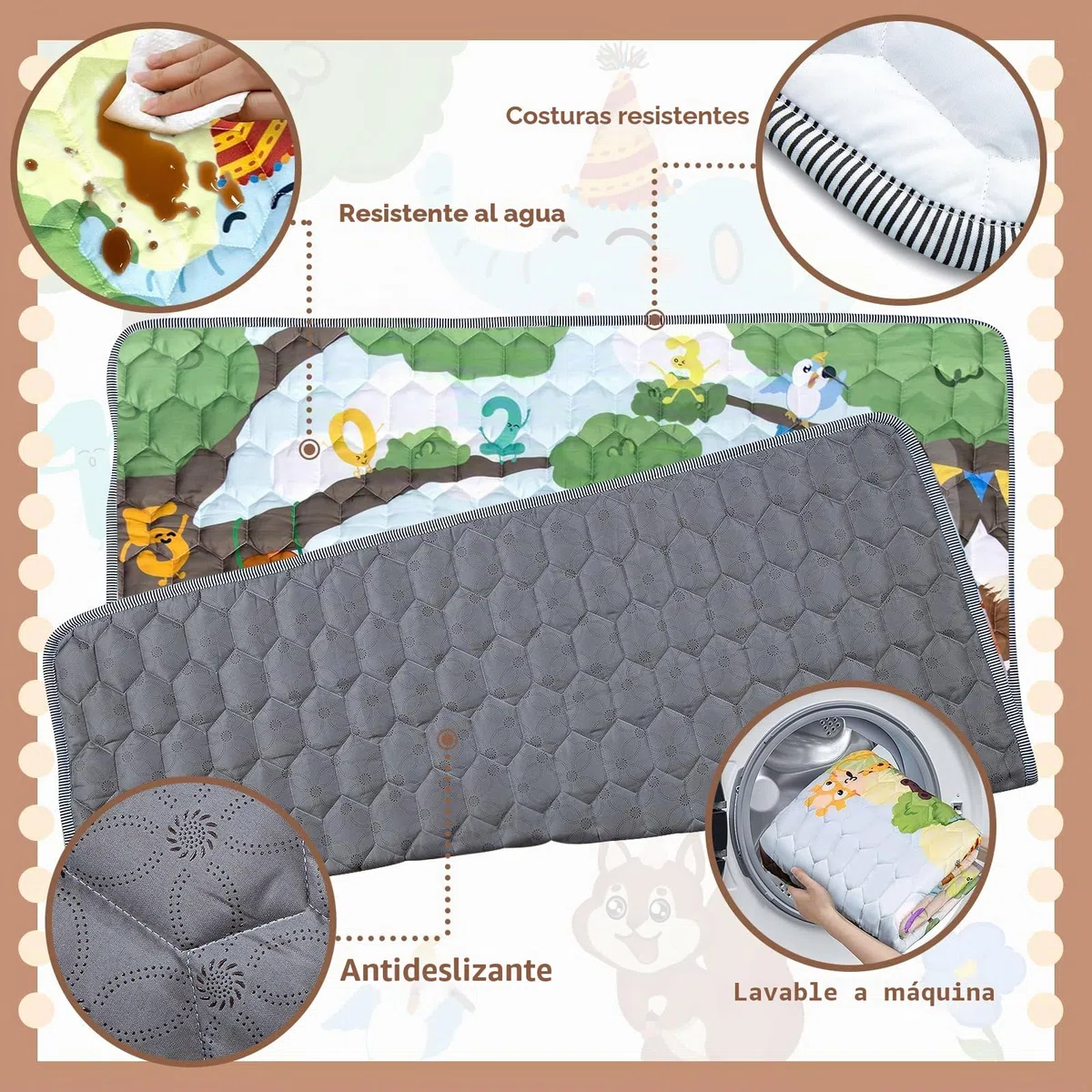 Alfombra Bebe Acolchada Plegable - Impermeable 127x127cm Tapete de Actividades, Colchoneta Suelo Niños Jugar en Casa, Antideslizante Manta Juegos para Niños y Niñas (Animales & Numeros)