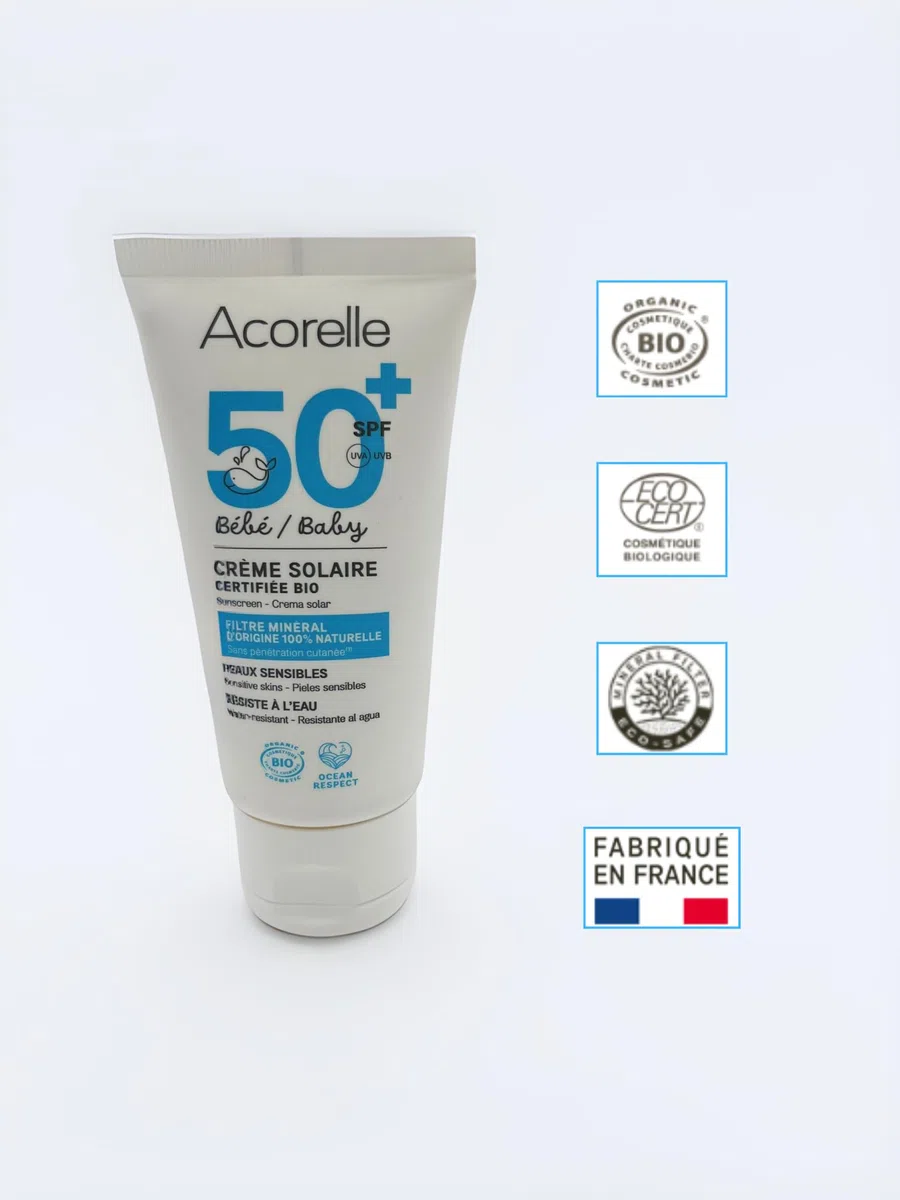 ACORELLE - Crema Solar Bebés SPF50+,50ml, Ecológica Certificada, Hipoalergénica, Fácil de Aplicar