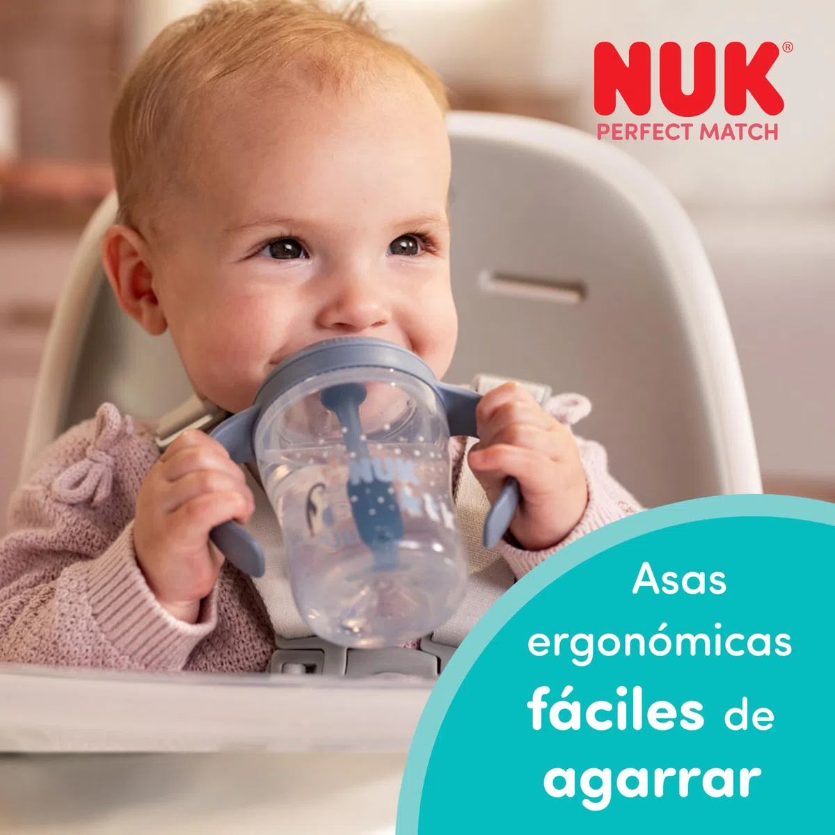 NUK Perfect Match Vaso Aprendizaje Bebe | 6+ meses | 260 ml | Vaso antiderrame bebe con pajita | Asas antideslizantes | Azul | 2 unidades