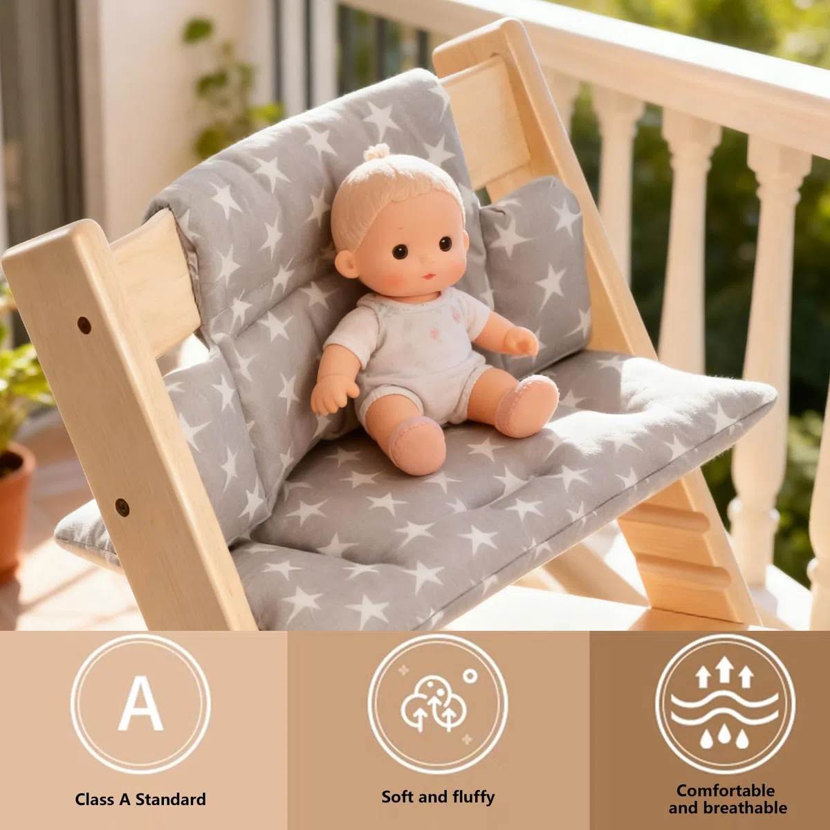 Cojín de asiento GOEDCH para trona Stokke Tripp Trapp: Cojín para trona Stokke Tripp Trapp con cierre de velcro suave y cojín de asiento extraíble de algodón orgánico suave (gris, pentagrama).