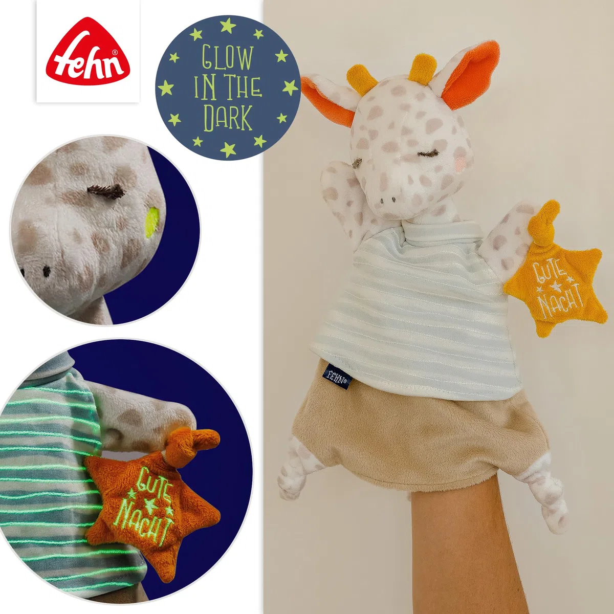 Fehn 053098 - Marioneta de tela, jirafa de peluche con bordado que brilla en la oscuridad, para bebés a partir de 0 meses, tamaño: 30 cm