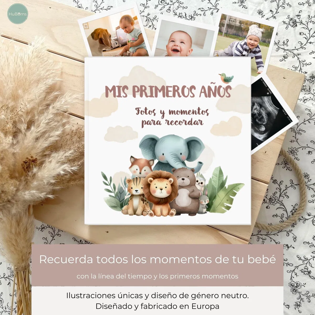 HUBORNS – Libro de nacimiento y recuerdos del bebé hasta los 5 años, álbum de fotos y diario infantil, regalo original para recién nacidos, baby shower y padres primerizos (Amigos, Español)