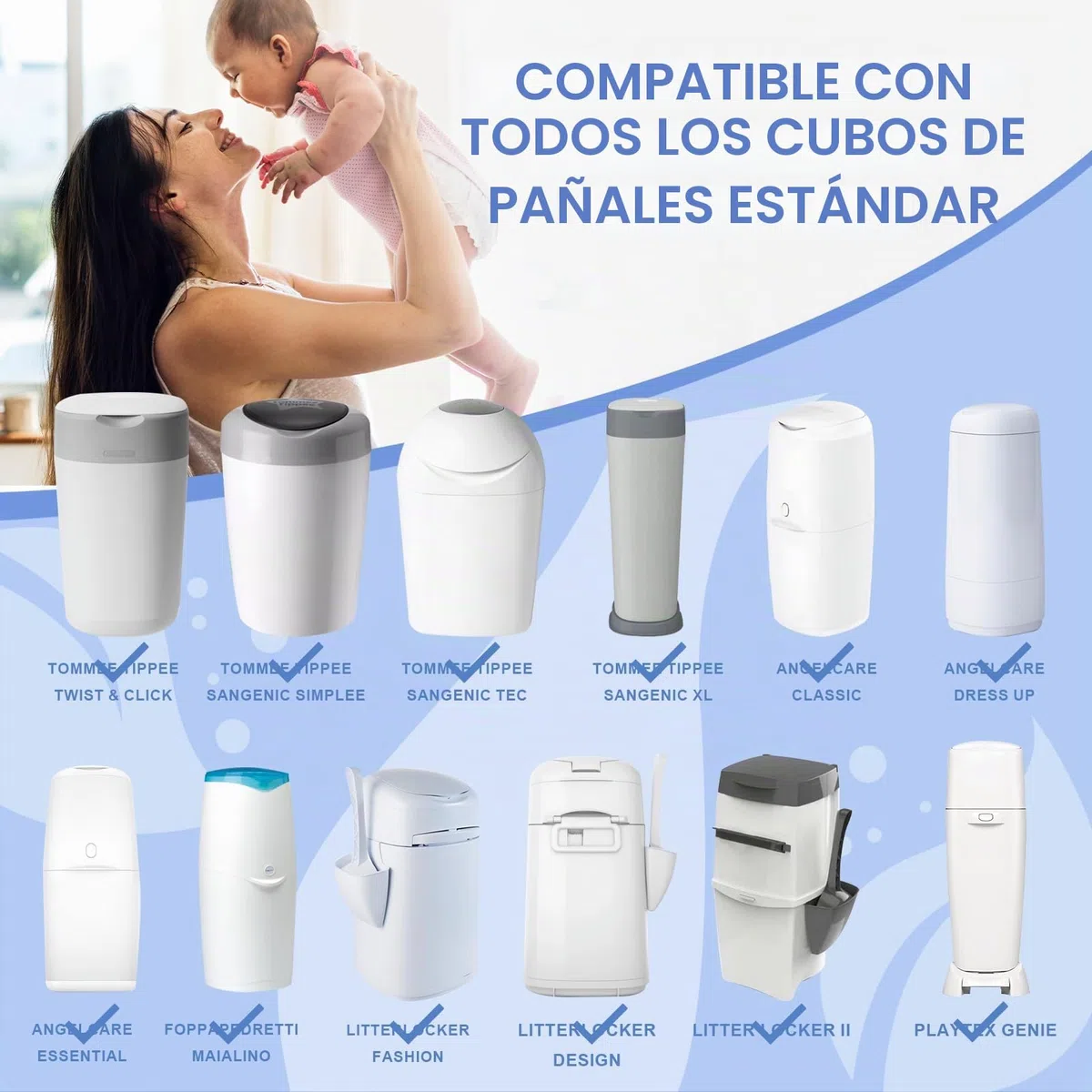 Recambios Compatible con Tommee Tippee 14 Piezas,Longitud Extendida, Engrosada Recambio Papelera Pañales Compatible con Tommee Tippee,Angelcare, Foppapedretti,LitterLocker, etc.