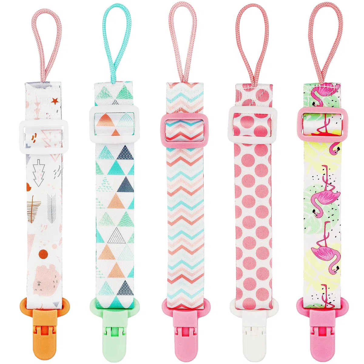 Cadena Chupete Bebe，FenFang 5 Pcs Chupetes de Clip, Ajustable Cadenas para Chupetes, Portachupete Bebe Chupetero Tela Clips Niños Niñas, Correa Chupete para Unisex Chicos y Chicas (Rosa)