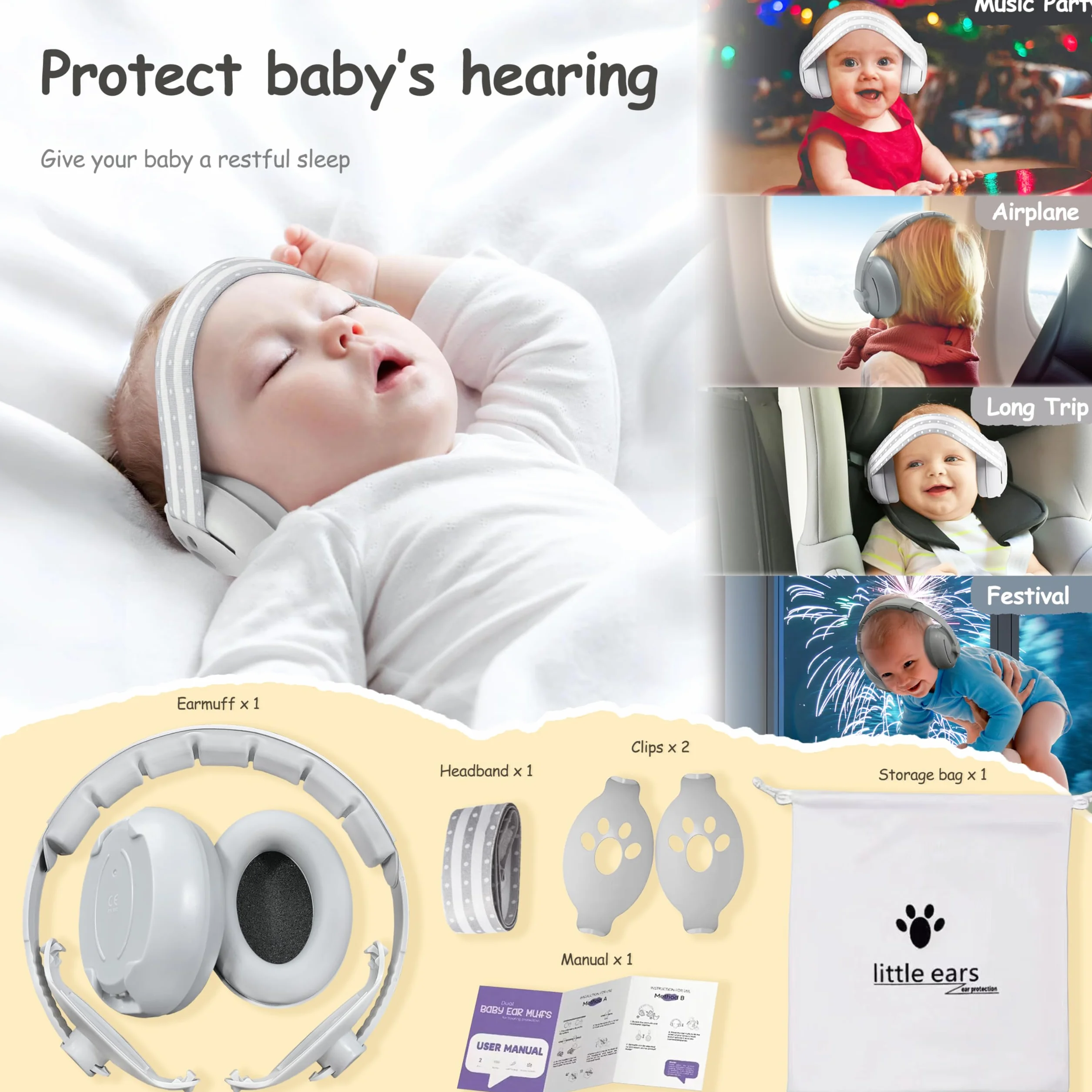 auvstar 2in1 orejeras para bebés,Cascos Antiruido para Bebe,Protección Auditiva Bebé Auriculares,Protectores Auditivos Recién Nacido,Orejeras Reductoras de Ruido Niños,Mejora sueño sobre marcha