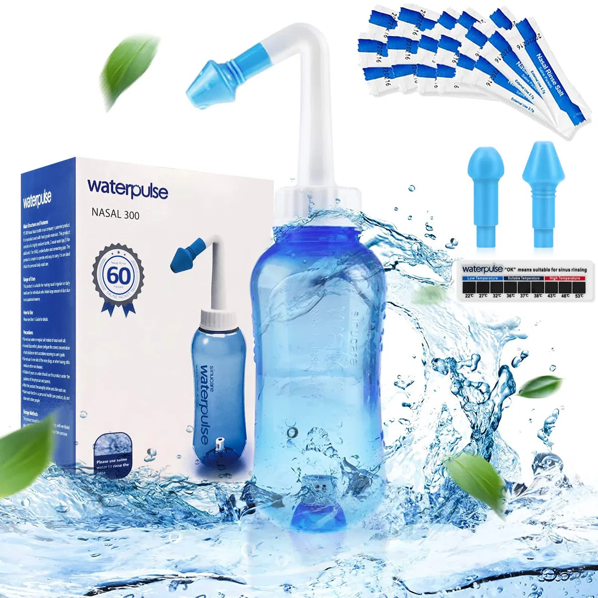 WATERPULSE Neti Pot Sinus Sinusal,300 ml con 60 paquetes de sal,dispositivo de riego nasal,sistema de riego nasal y termómetro adhesivo para adultos y niños,sin BPA