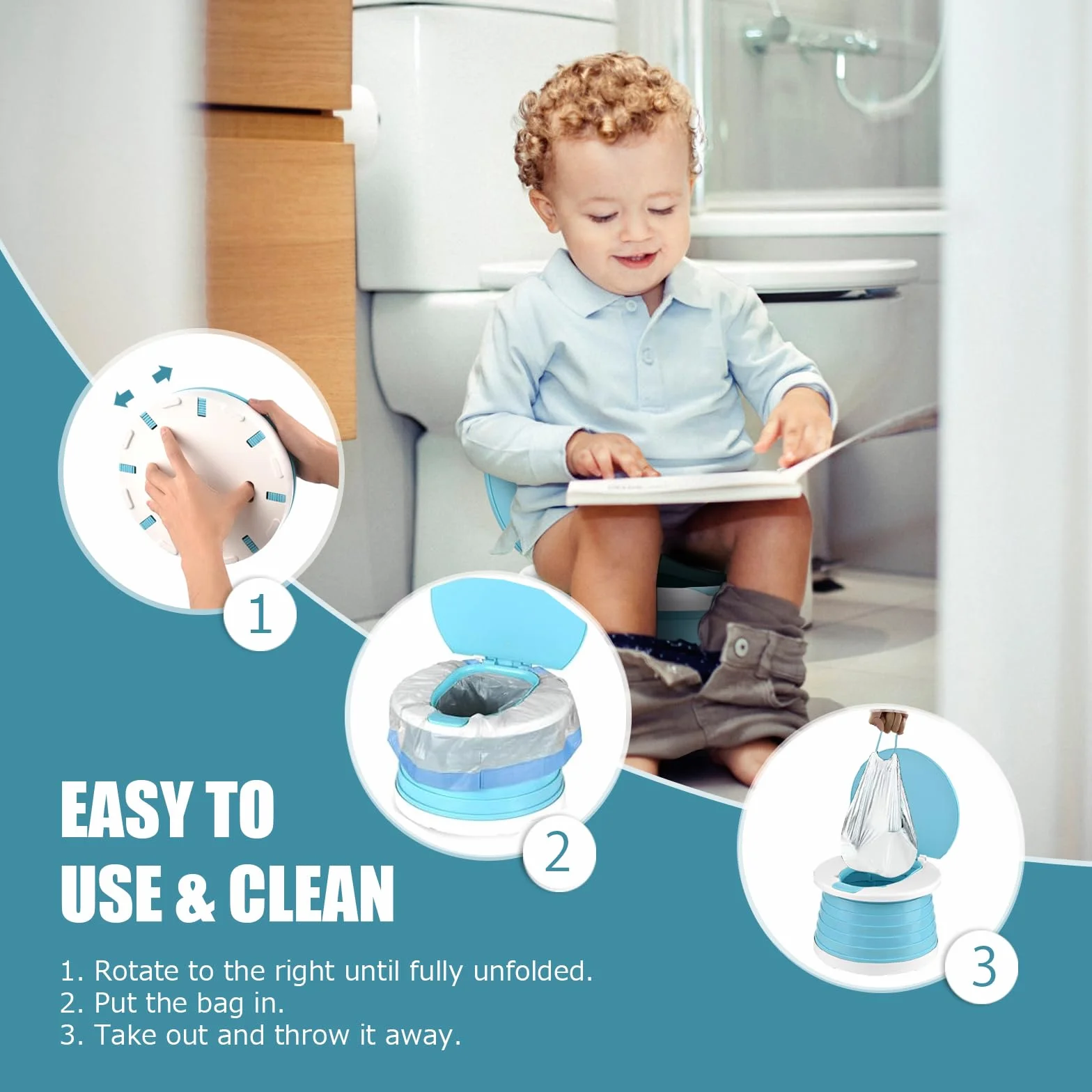 Orinales Infantiles Orinal Portatil Plegable Niños 1-3 Años WC Vater Portatil para Niños Bebé Inodoro Infantil Plegable Potty Training Asiento para Viaje Camping con 15 Bolsas de Limpieza(Azul)