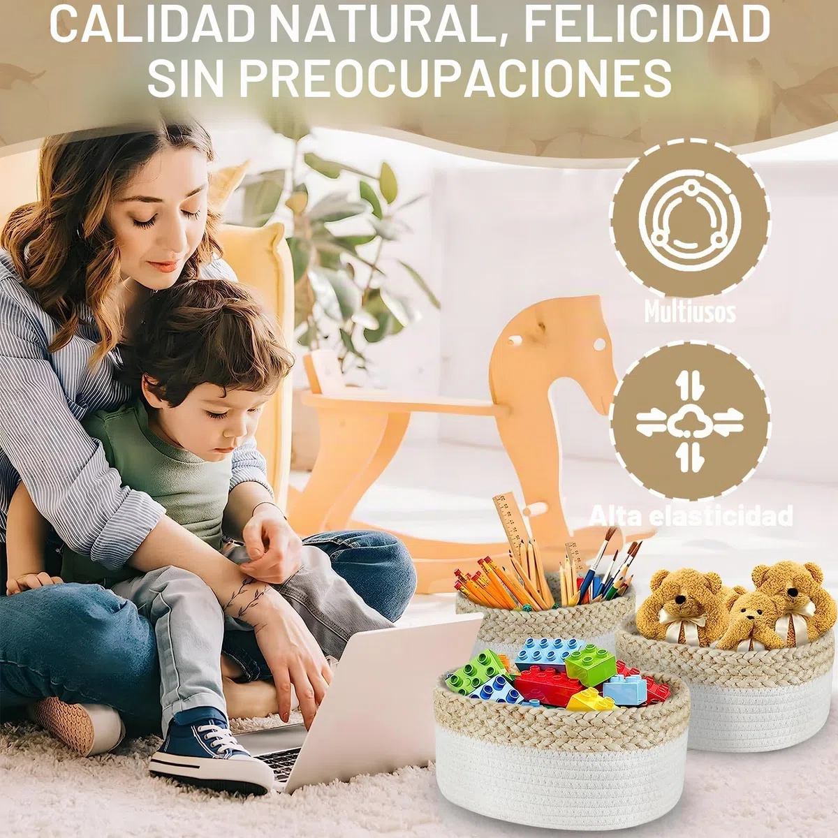 ENCOUN 5PCS Cestas Almacenaje de Cuerda de Algodón, Cesta Organizadora Bebe, Cestas Almacenaje Baño, Apilable Cestos Organizadores, Juego Cestas Organizadoras para Baño, Armarios, Salones, Juguetes