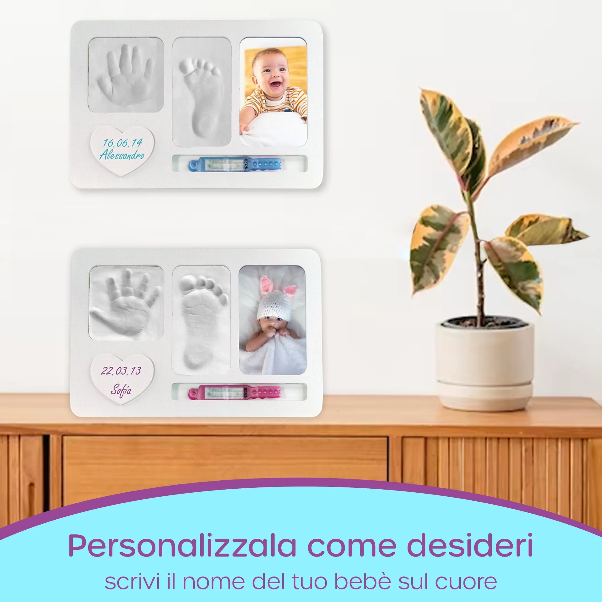Marco de huella de recién nacido, mano y huella para nacidos, ideas de regalo bautismo de bebé y niña, kit de huella para cumpleaños, marco de fotos personalizable con slot para pulsera de nacimiento