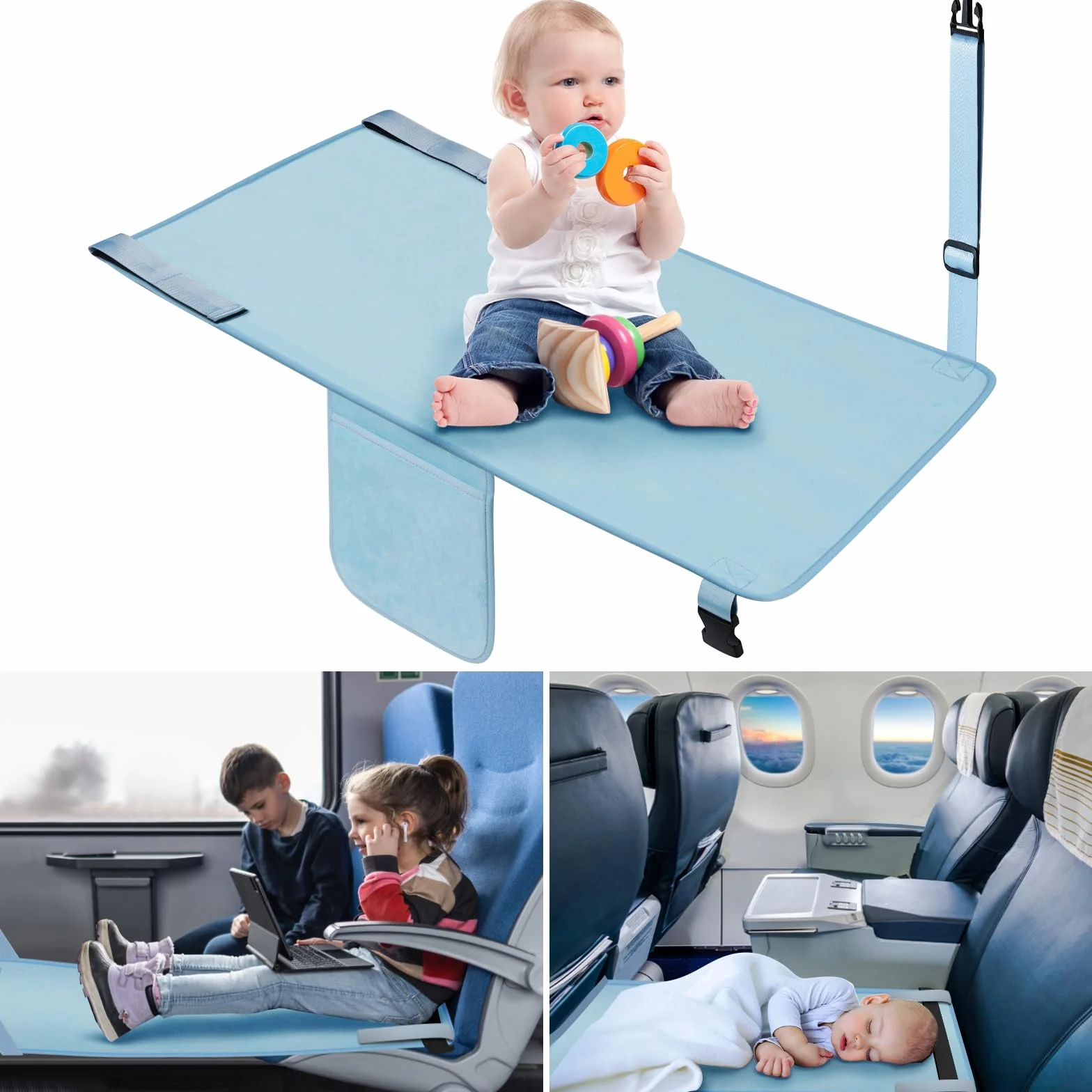 HOTUT Reposapiés de Avión para Niños, 89 x 43 cm ExtensióN De Asiento Para Niños En Avión, Cama de Viaje Portátil para Niños, Portátil y Plegable, Apto para Viajes en Avión para Niños-Azul
