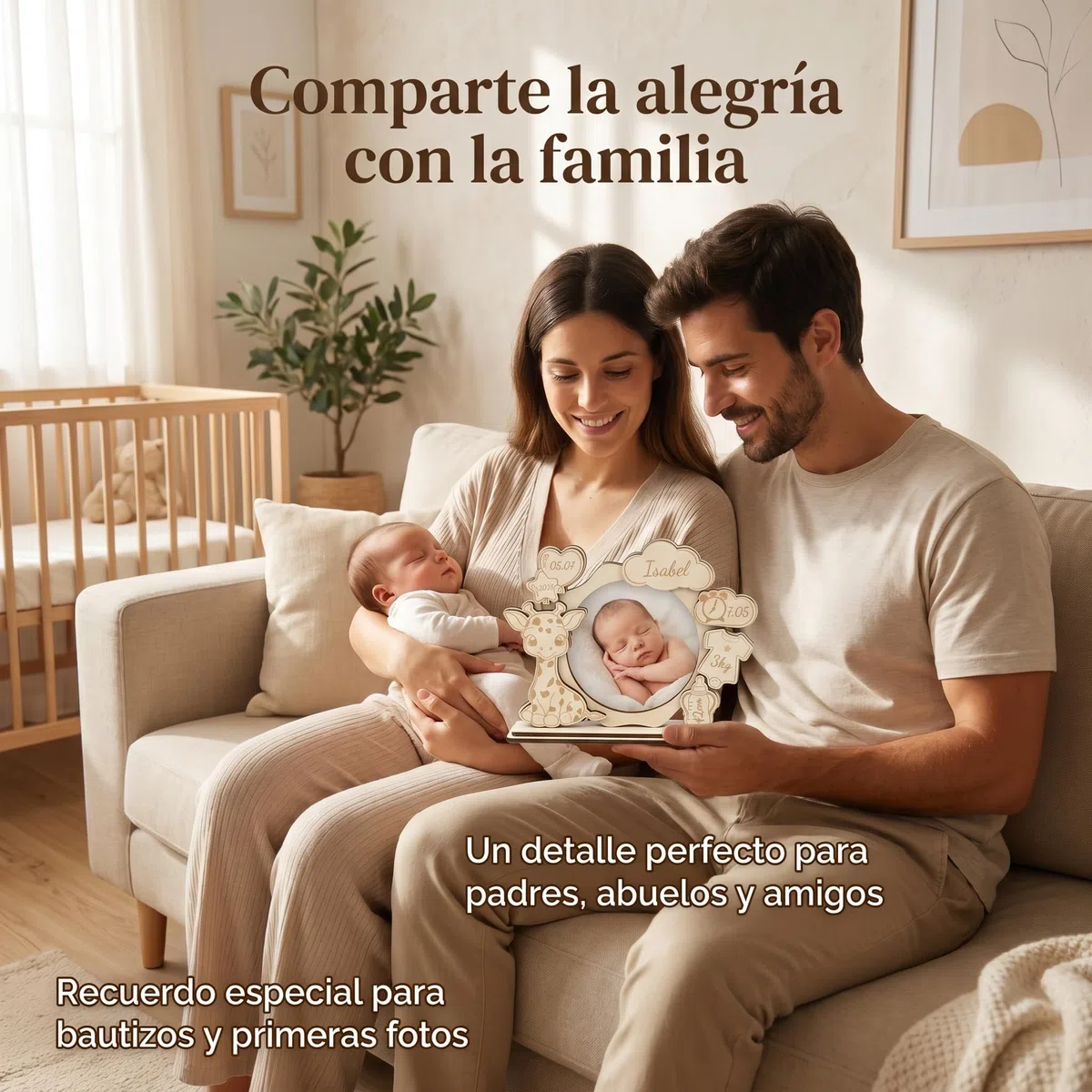 Marco de Foto de Madera Personalizado Bebé, Recuerdo de Bautizo y Nacimiento, Marco Grabado con Nombre Fecha y Datos de Nacimiento, Decoración Habitación Infantil Regalo Original (Modelo 5)