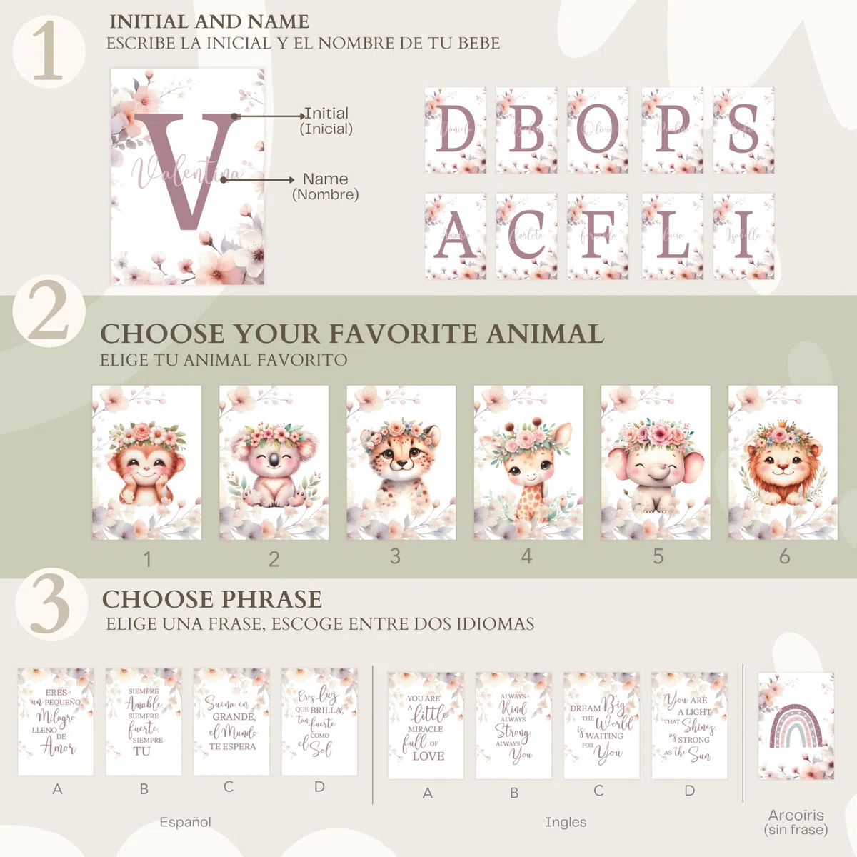 ayurvana Set 3 Láminas Infantiles Personalizadas Niña - Cuadros Animales Safari con Nombre e Inicial Flores - Decoración Habitación Bebé Regalo Nacimiento Bautizo Baby Shower (Sin Marco) A3