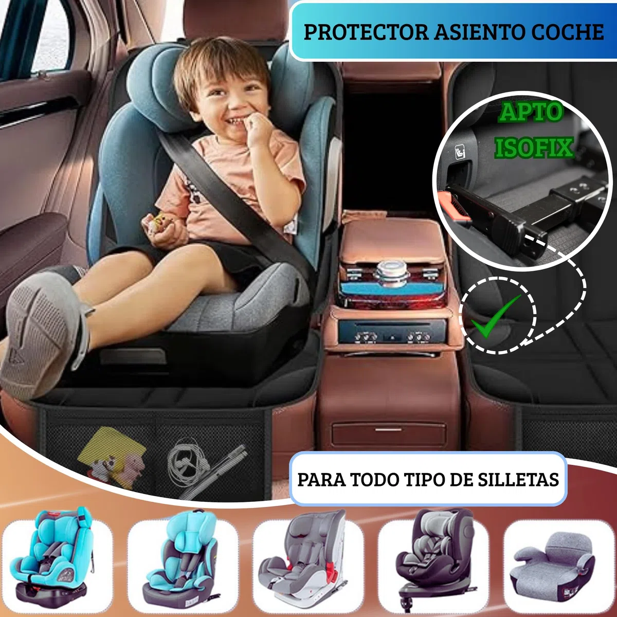 Set Protector Asiento Coche Silla Bebe ISOFIX + Organizador Coche, Protector Silla Coche para Bebe Y Mascotas, Protector Respaldo Y Organizador De Asiento Coche Niños con 10 Bolsillos