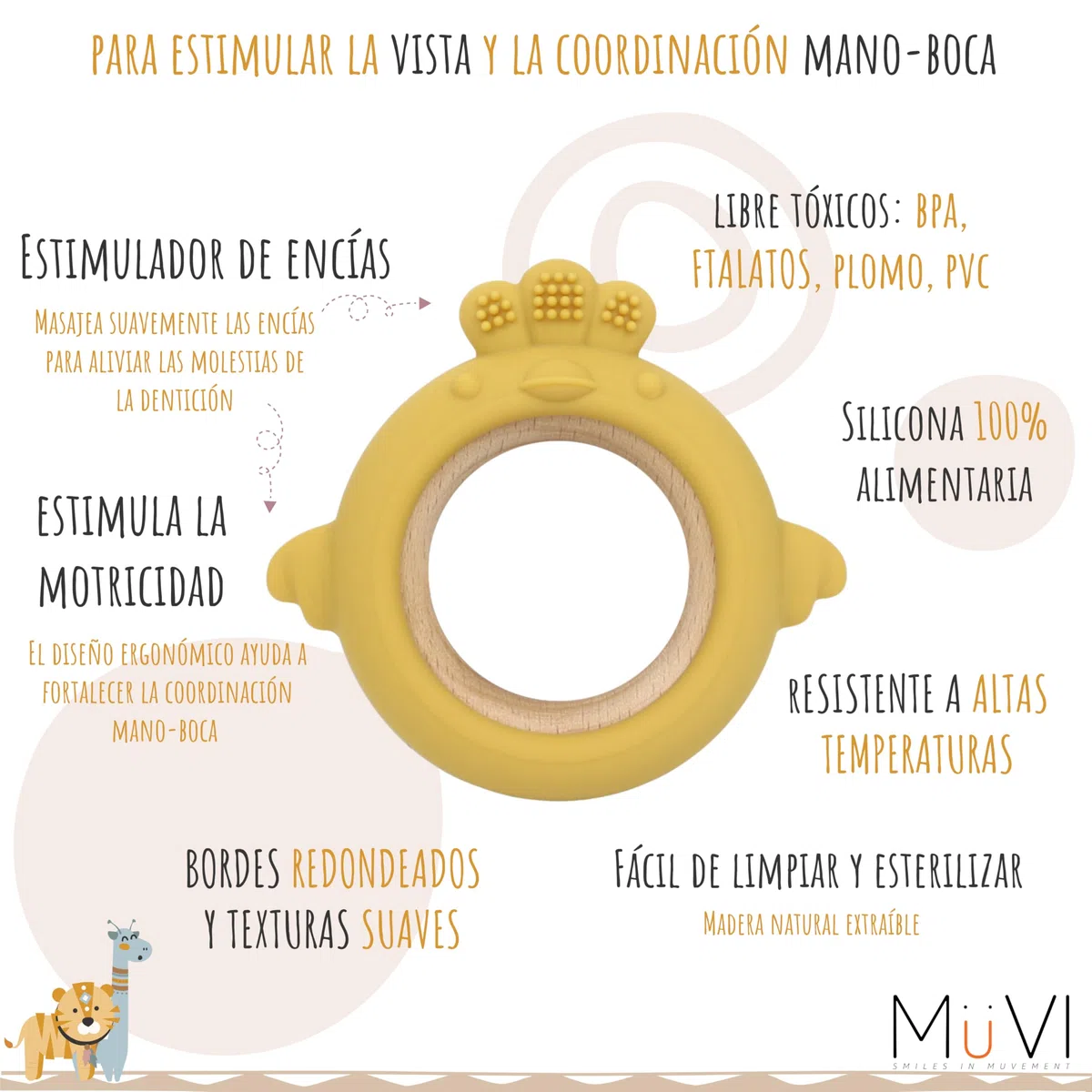 Mordedor bebé sensorial con sonajero y cadena, Mordedor de dentición +3 meses, Silicona alimentaria, suave y sin BPA, Fácil de agarrar y morder, Alivio para encías - Teether (Pack Mango)