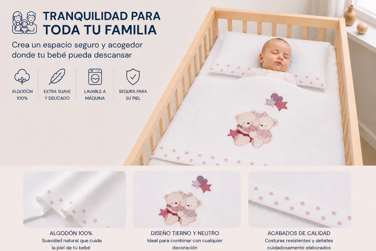 Danielstore Sabanas Cuna 60x120 100% Algodon Set 3 Piezas con Sabana Bajera Transpirable Ajustable Lavable + Funda Almohada Suave Pack para Descanso de Bebes y Recien Nacidos Volamos Baby Rosa