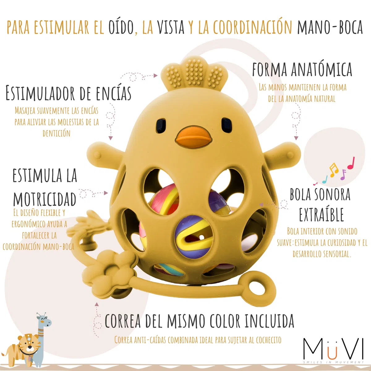 Mordedor bebé sensorial con sonajero y cadena, Mordedor de dentición +3 meses, Silicona alimentaria, suave y sin BPA, Fácil de agarrar y morder, Alivio para encías - Teether (Pack Mango)