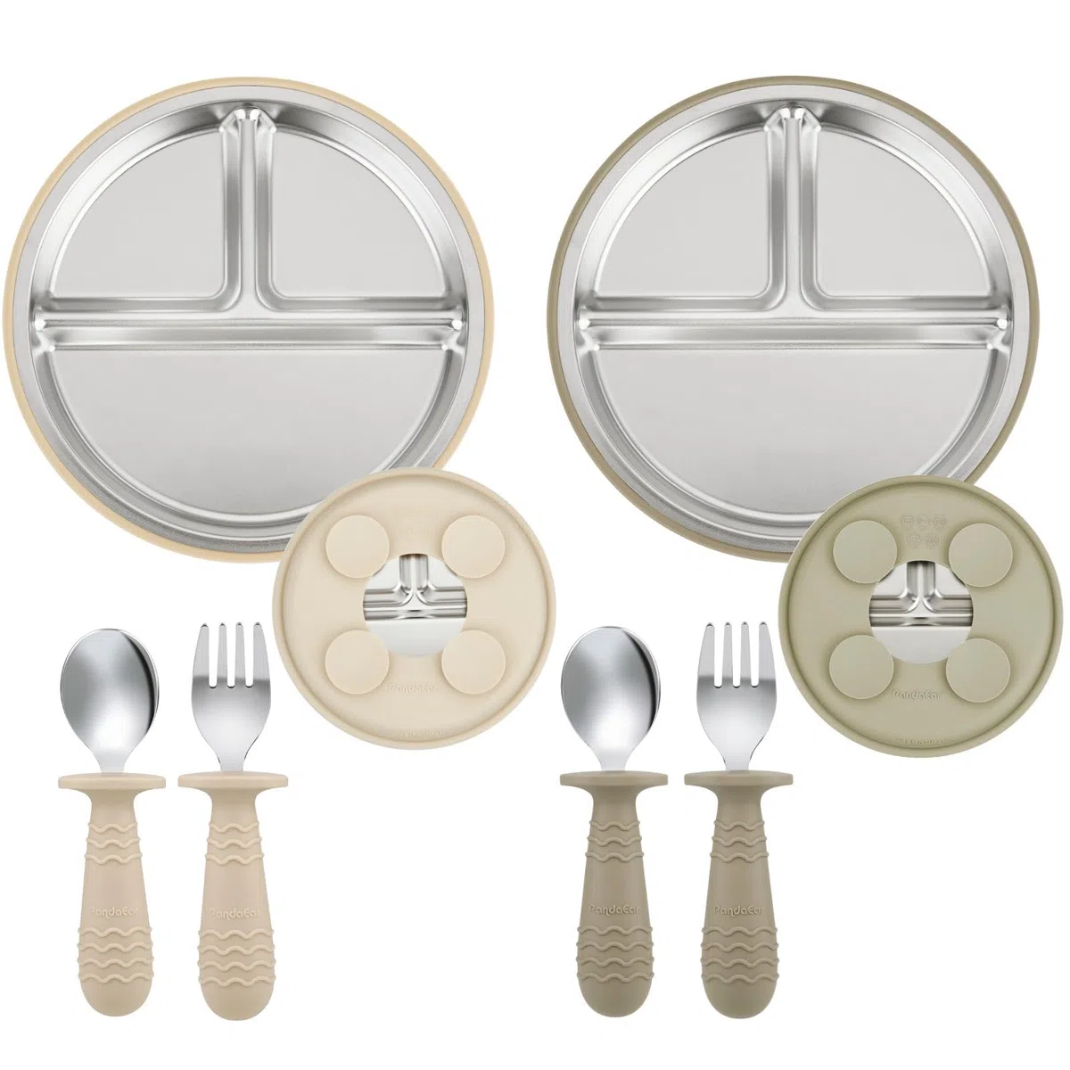PandaEar Set de 2 Platos de Acero Inoxidable con Ventosa para Bebé y Set de 2 Cucharas y Tenedores, Utensilios para Bebé, Platos Divididos para Alimentación Autónoma, Sin BPA (Beige/Nogal)